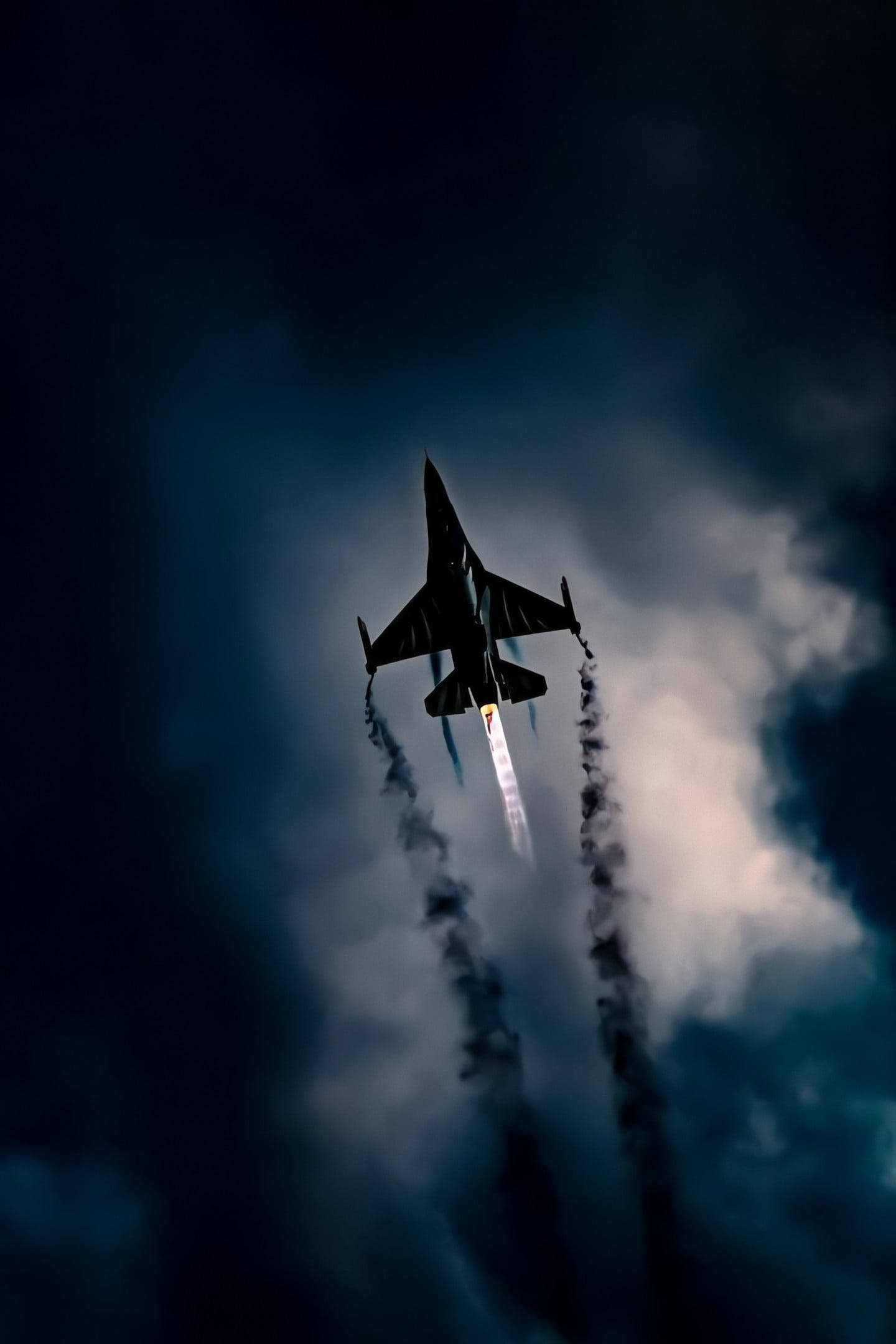 fighter jet, glowing exhaust trails, dark clouds, Full HD Phone Wallpaper