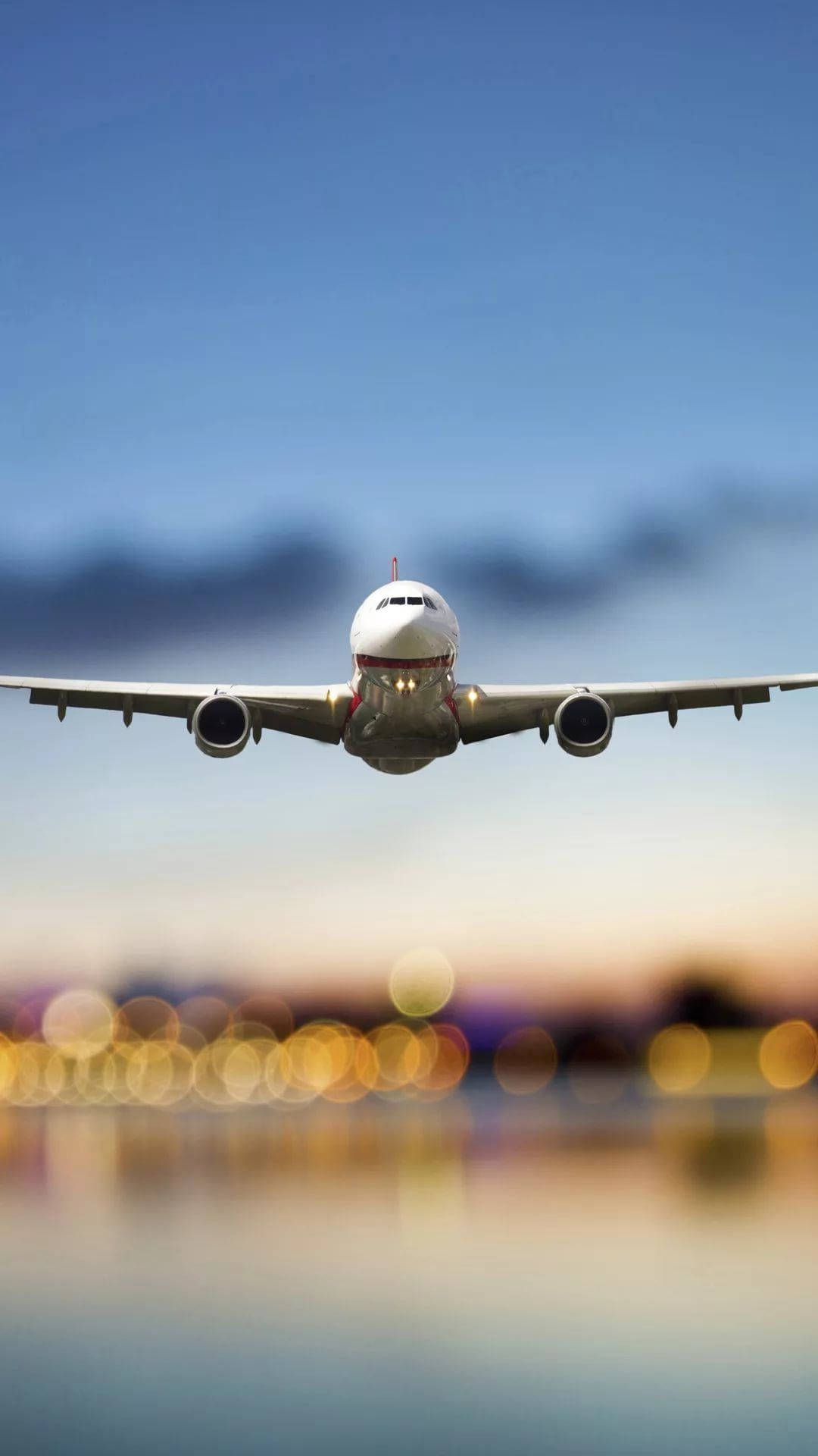 commercial airplane, cityscape, dusk, Full HD Phone Wallpaper