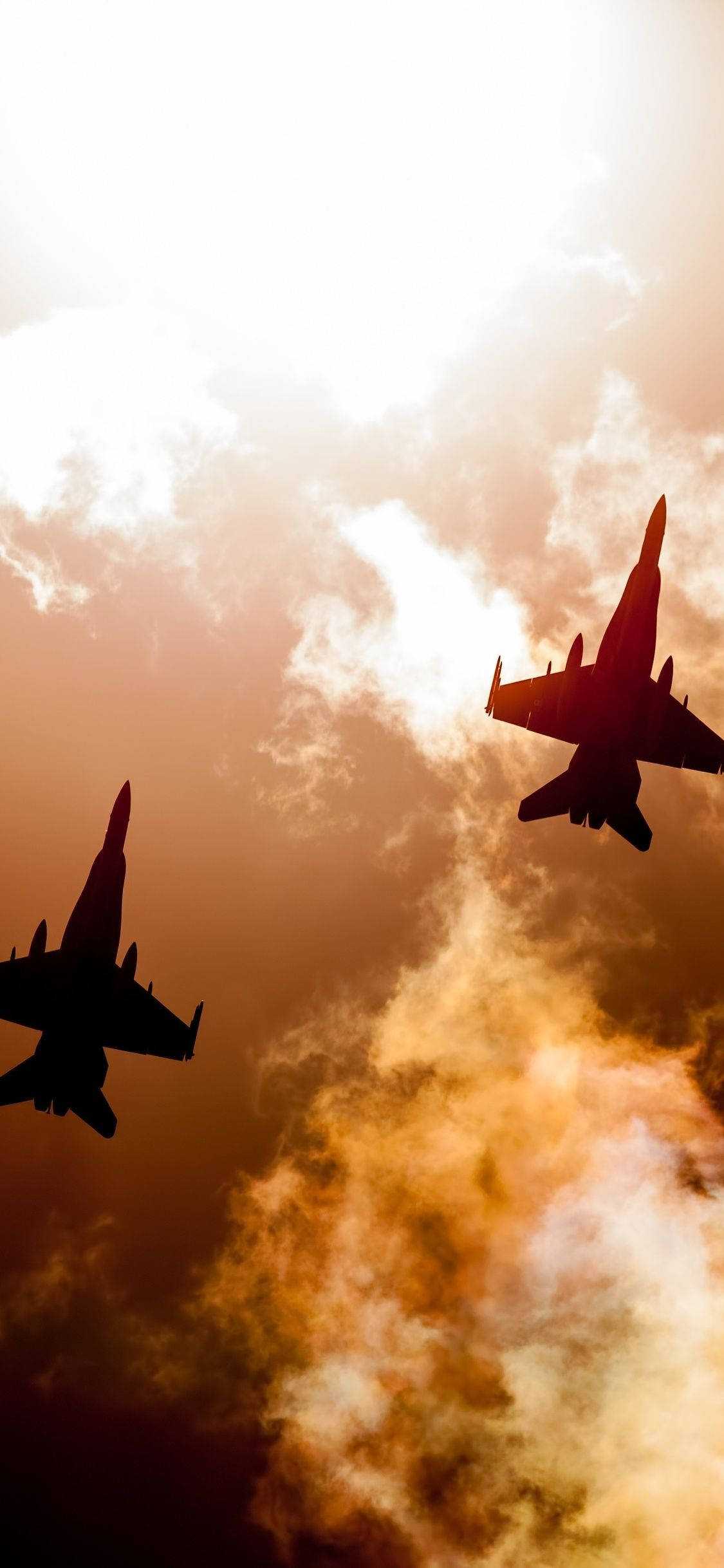 fighter jets, fiery sunset sky, orange and gold clouds, Full HD Phone Wallpaper