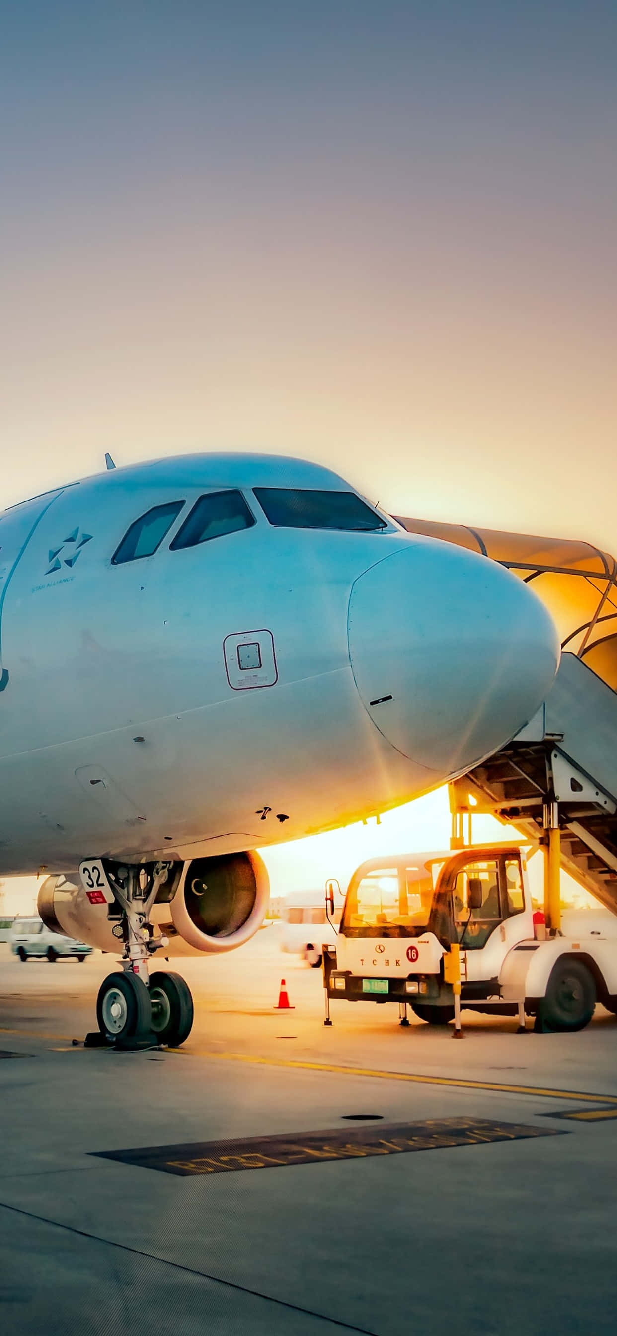 large white airplane, airport, sunset, 2K Phone Wallpaper