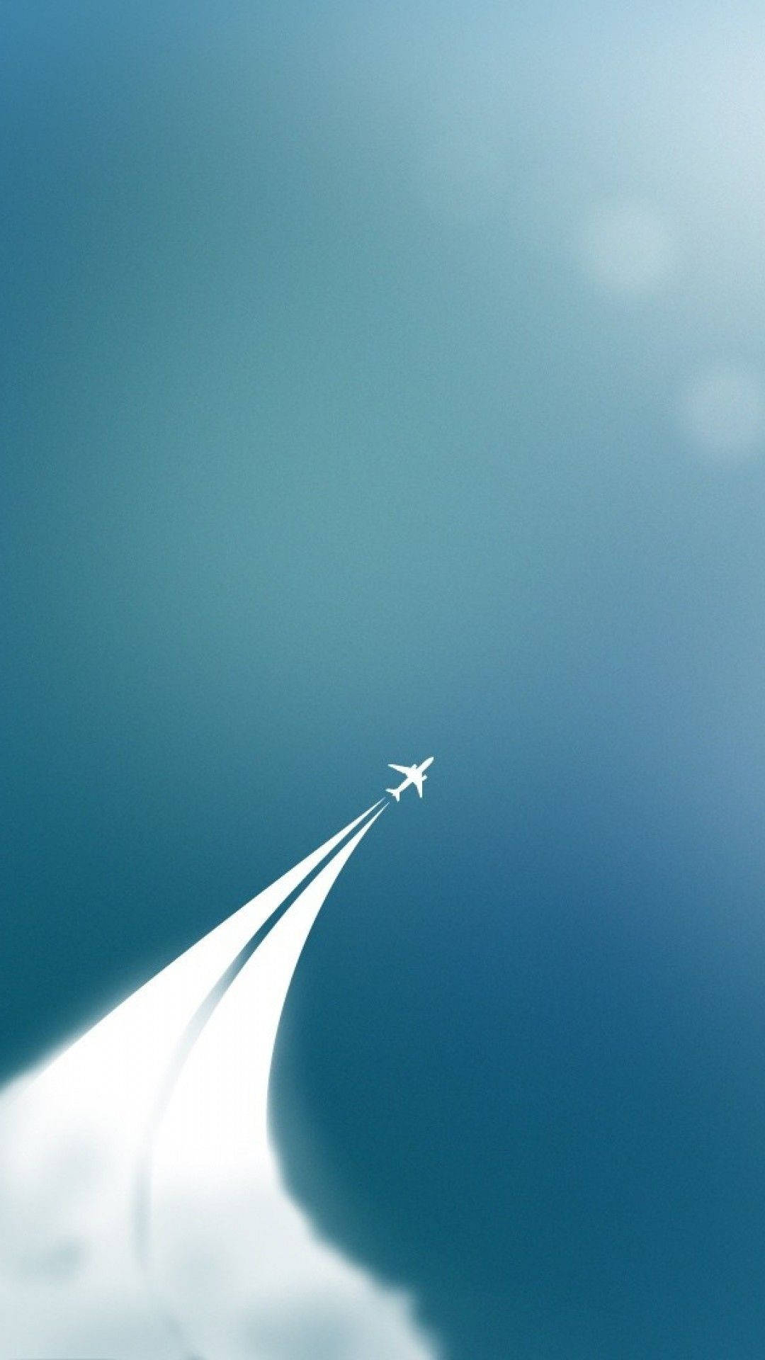 airplane, gradient blue sky, bright curved contrail, Full HD Phone Wallpaper