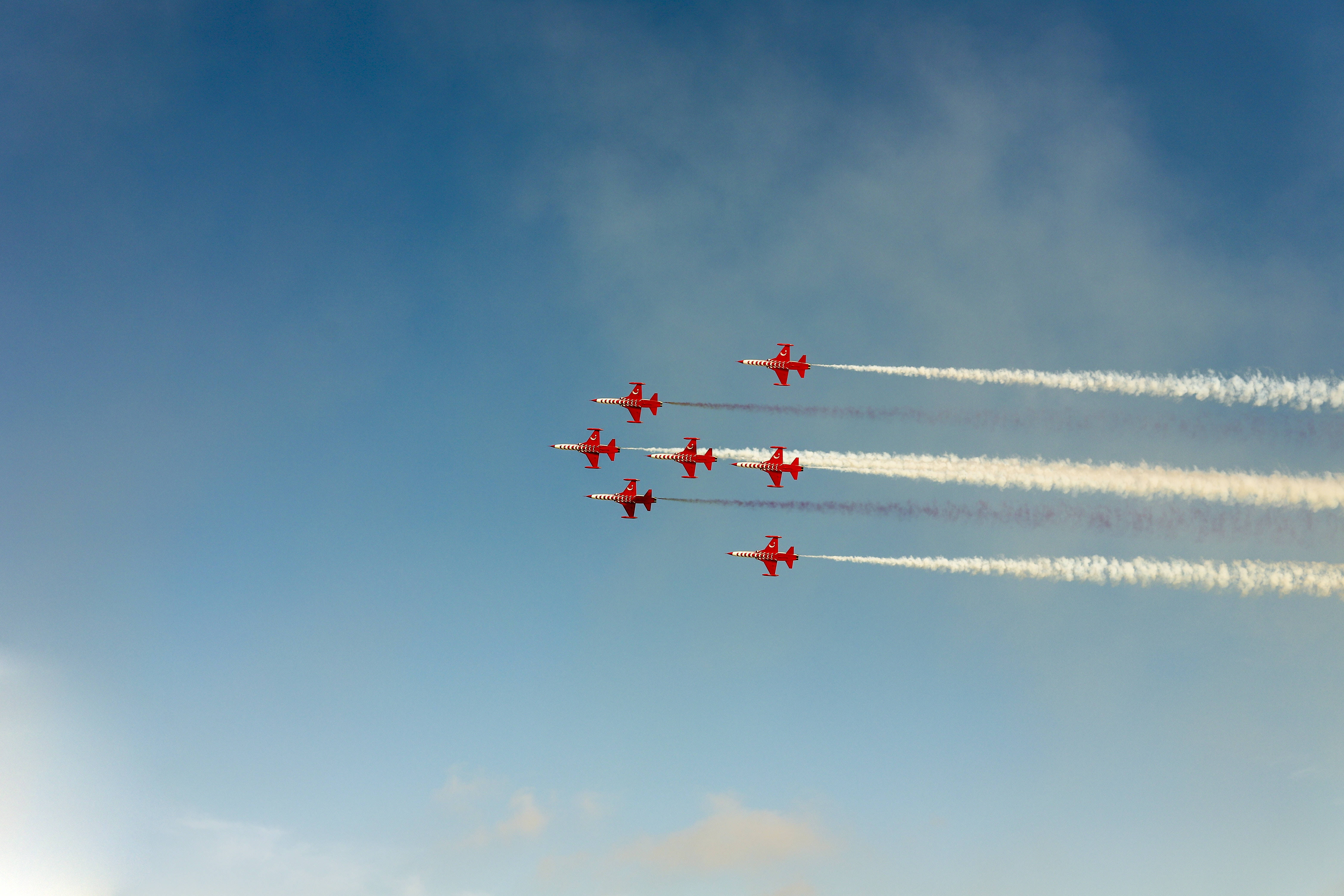 fighter plane, red jet aircraft, clear blue sky, 5K Desktop Wallpaper