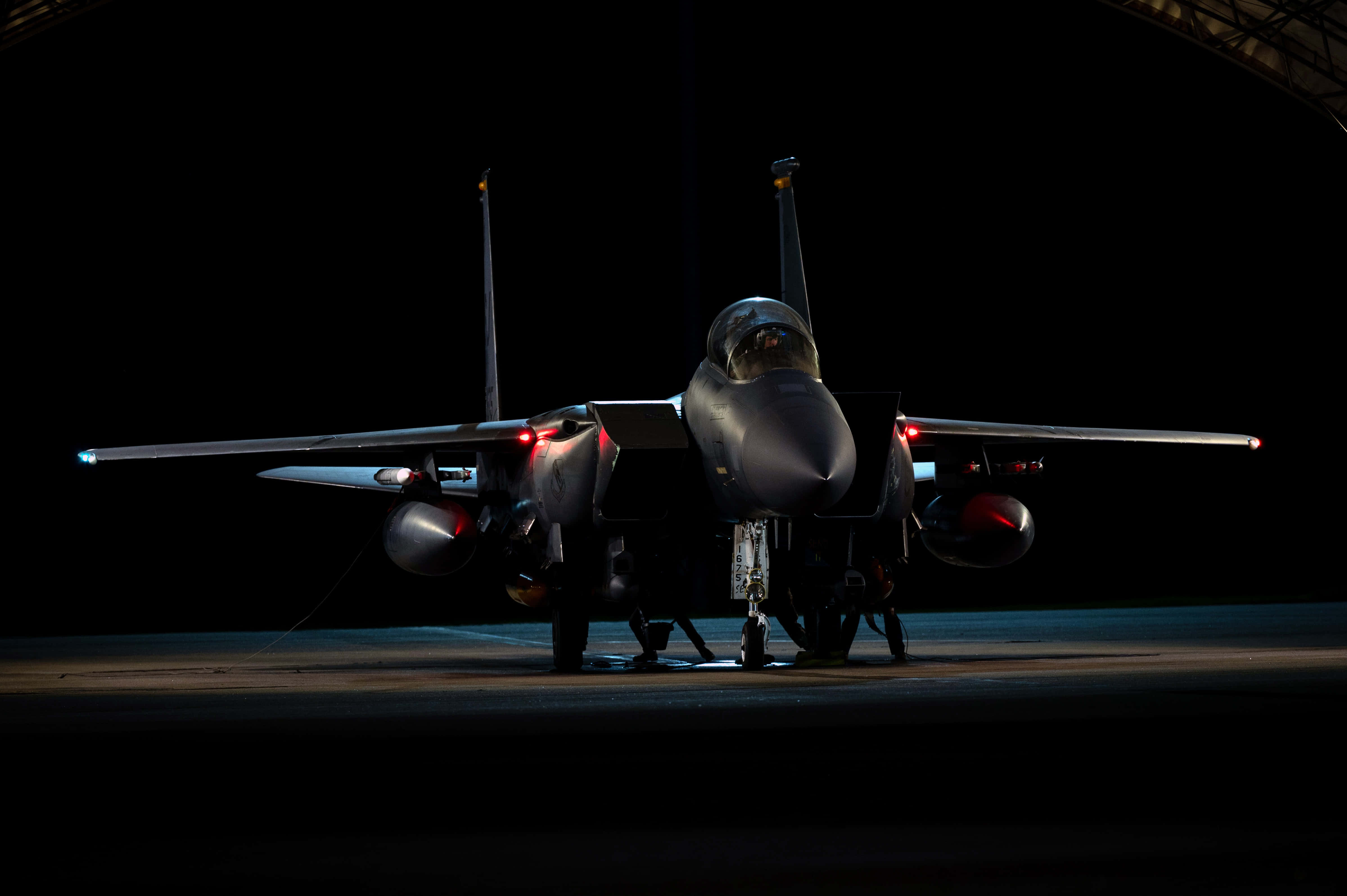 fighter jet, red and blue lights, dark tarmac, 4K Desktop Wallpaper