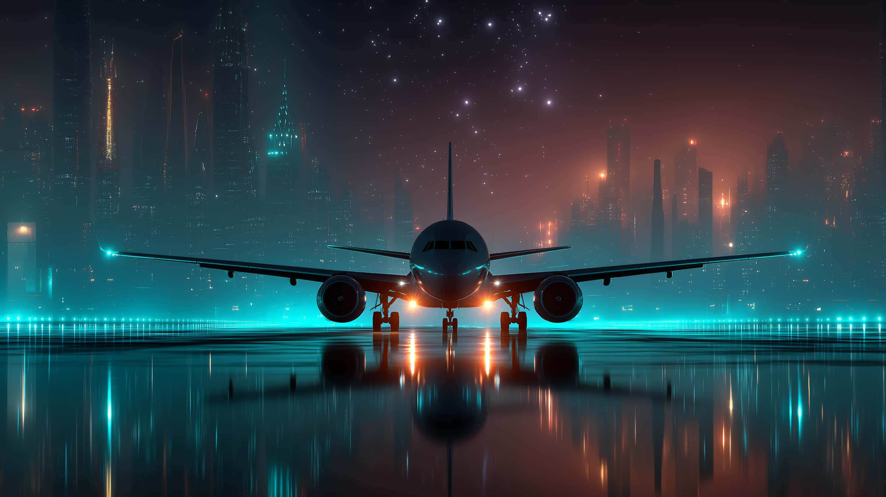 futuristic jet, wet runway, distant city lights, 2K Desktop Wallpaper