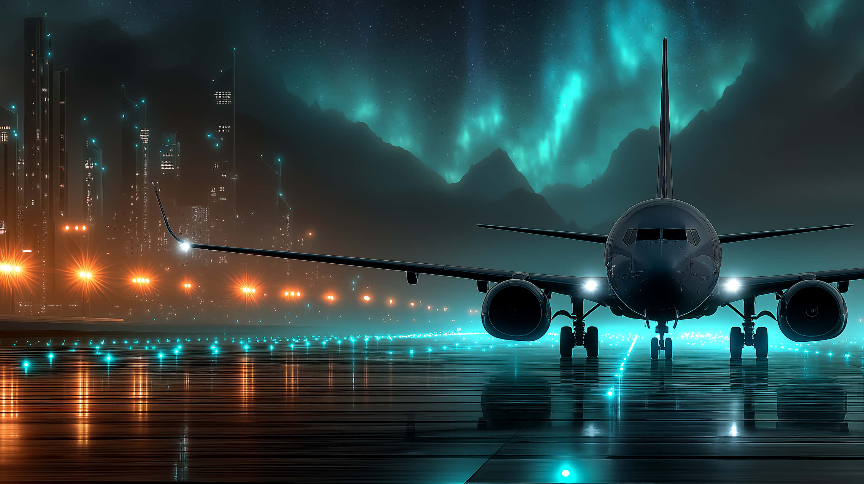 sci fi jet, aurora, illuminated runway, 2K Desktop Wallpaper