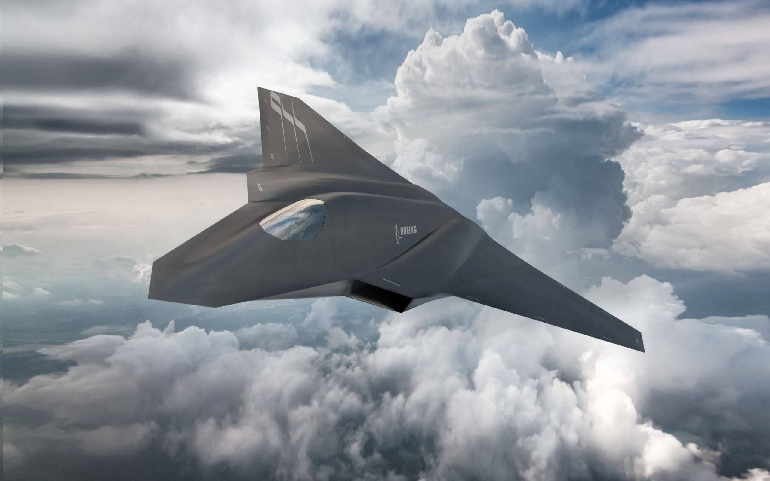 futuristic fighter plane, sleek gray stealth fighter jet, fluffy white clouds, 2K Desktop Wallpaper