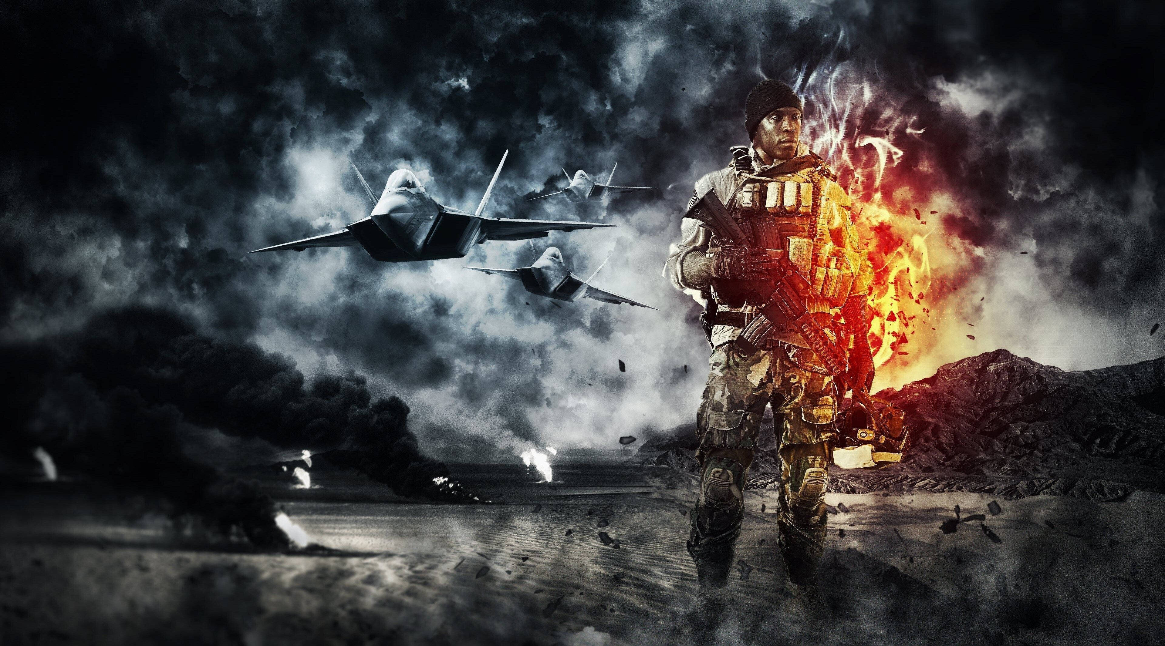 Army Soldier, fighter jets, stormy skies, 4K Desktop Wallpaper