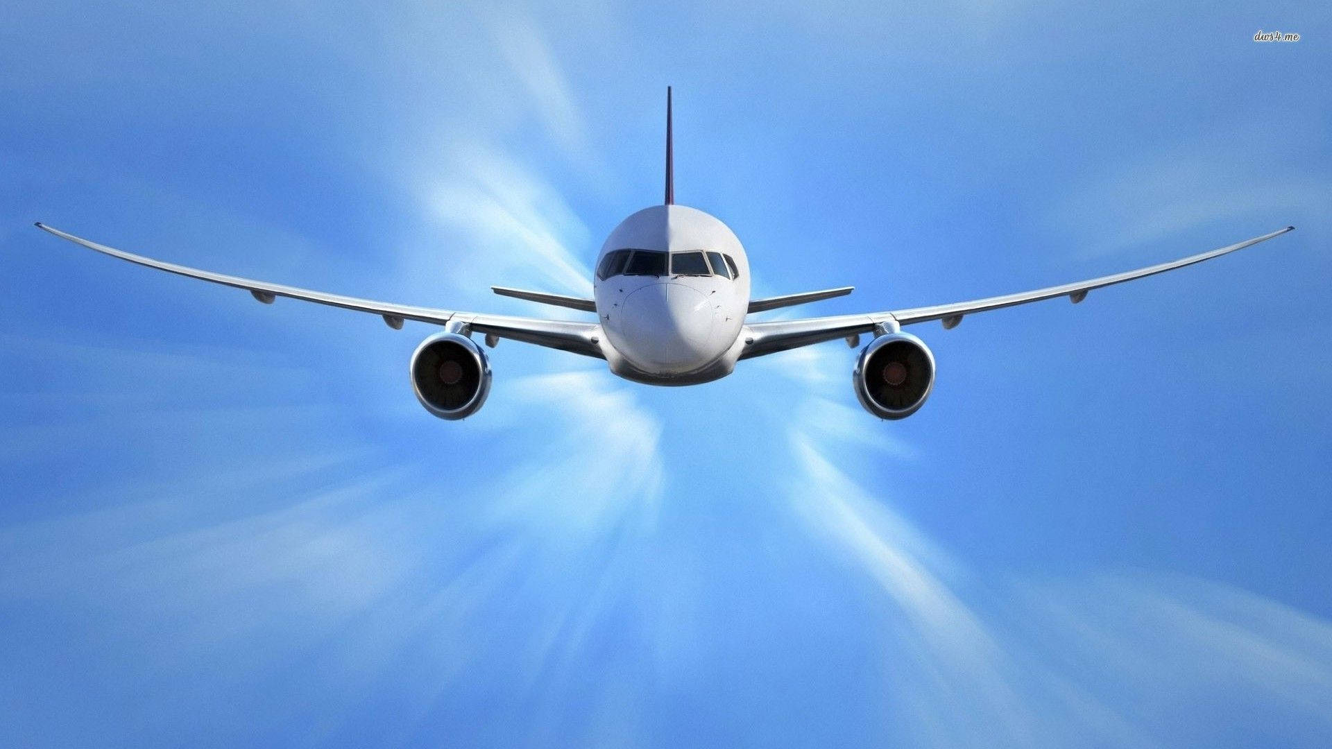 white passenger jet, vibrant blue sky, sun rays, Full HD Desktop Wallpaper