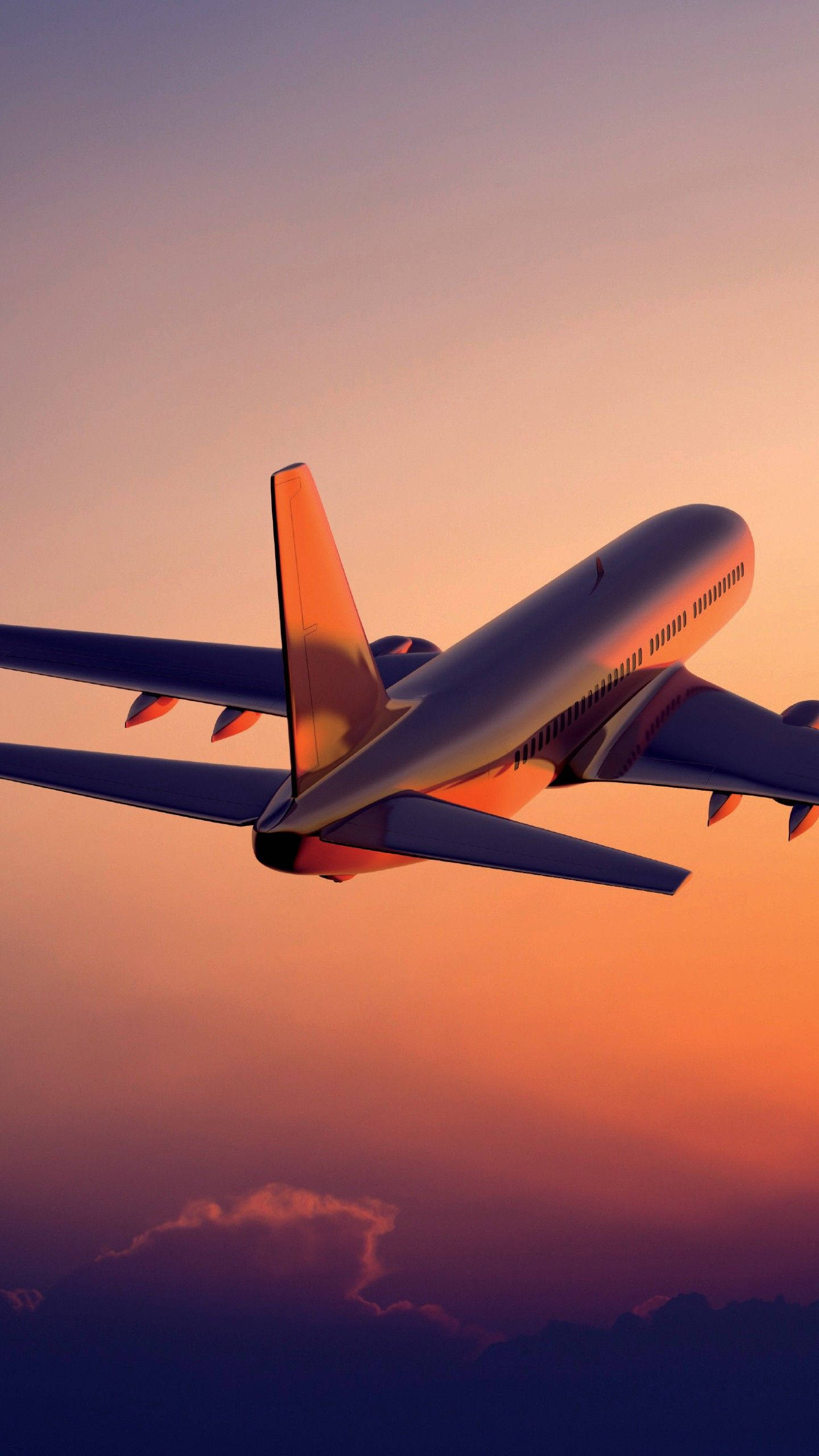 sunset, orange and purple sunset sky, white airplane, 2K Phone Wallpaper