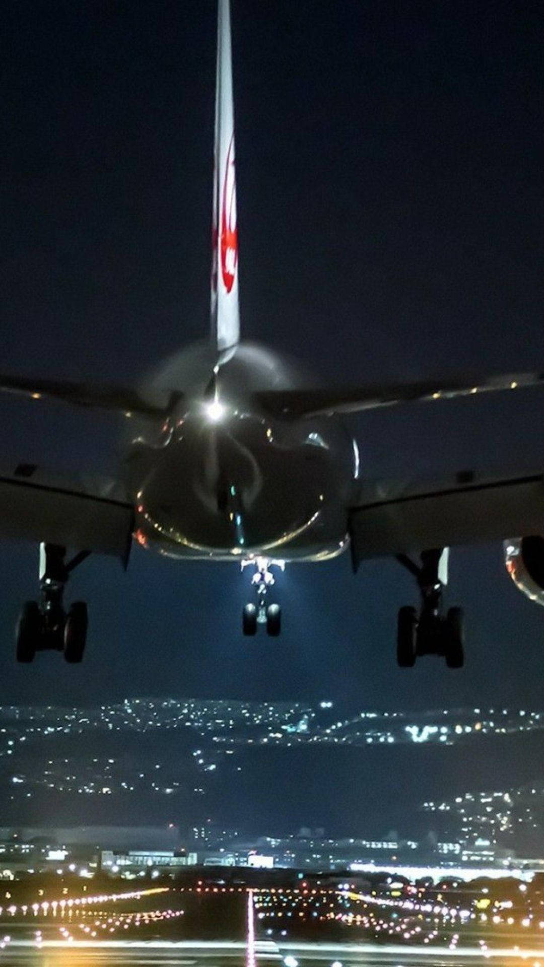 sleek black airplane android, commercial airplane, landing lights, Full HD Phone Wallpaper
