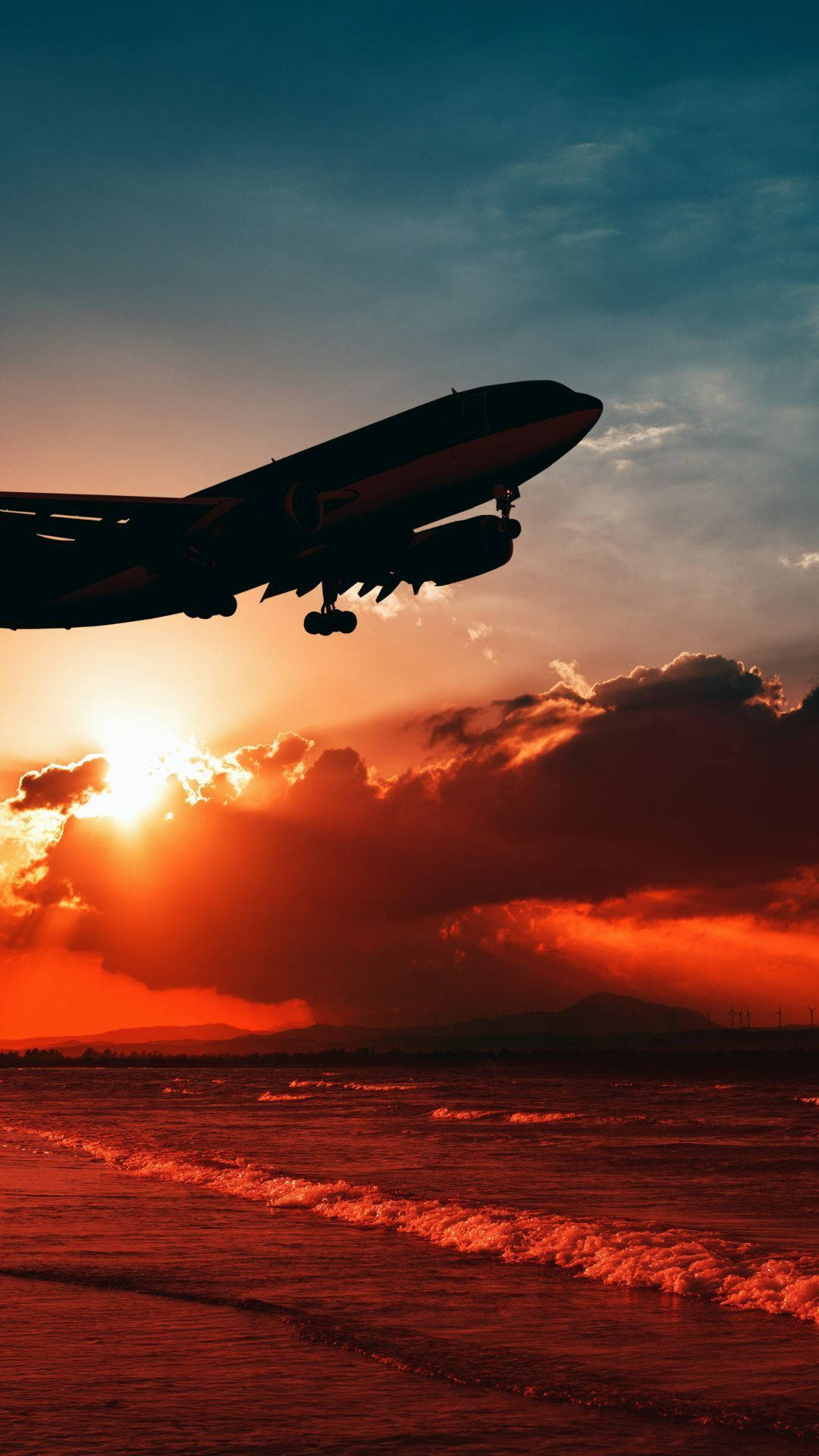 Airplane Android, fiery sunset, glowing ocean, Full HD Phone Wallpaper