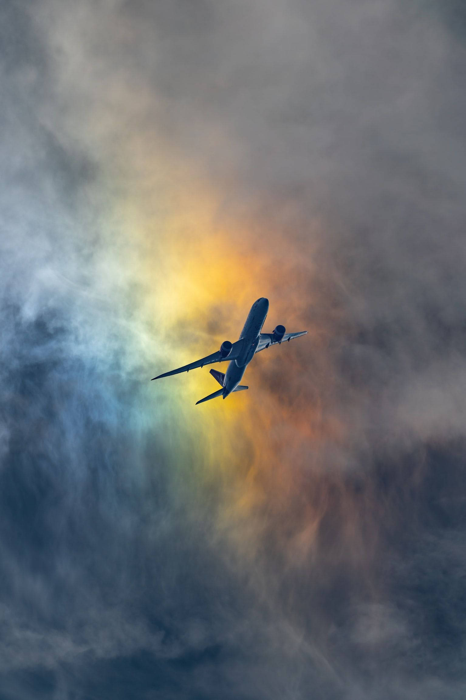 Rainbow With Flying Airplane Android, commercial airplane, dramatic clouds, Full HD Phone Wallpaper