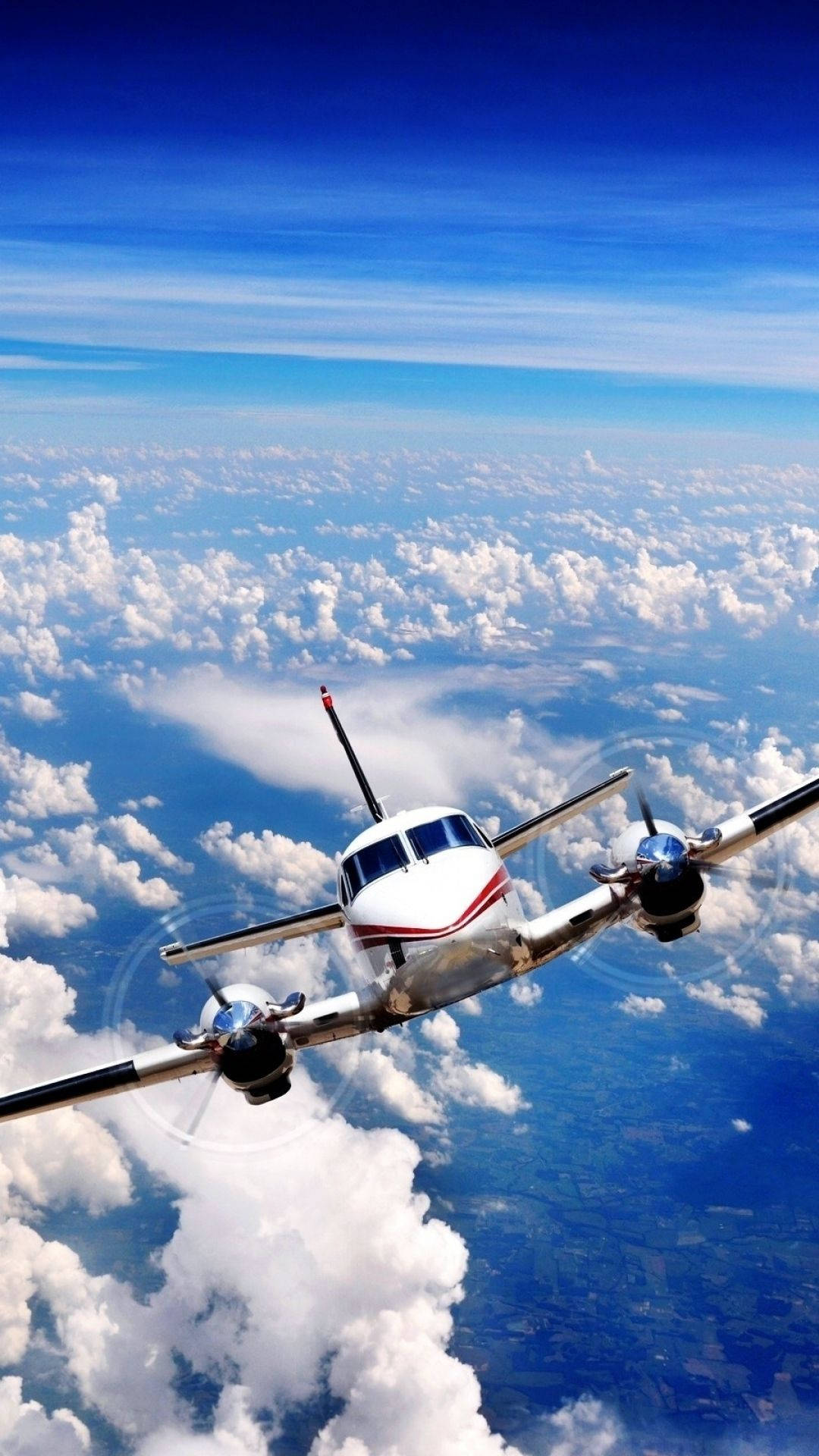 white propeller plane, fluffy white clouds, vibrant blue sky, Full HD Phone Wallpaper