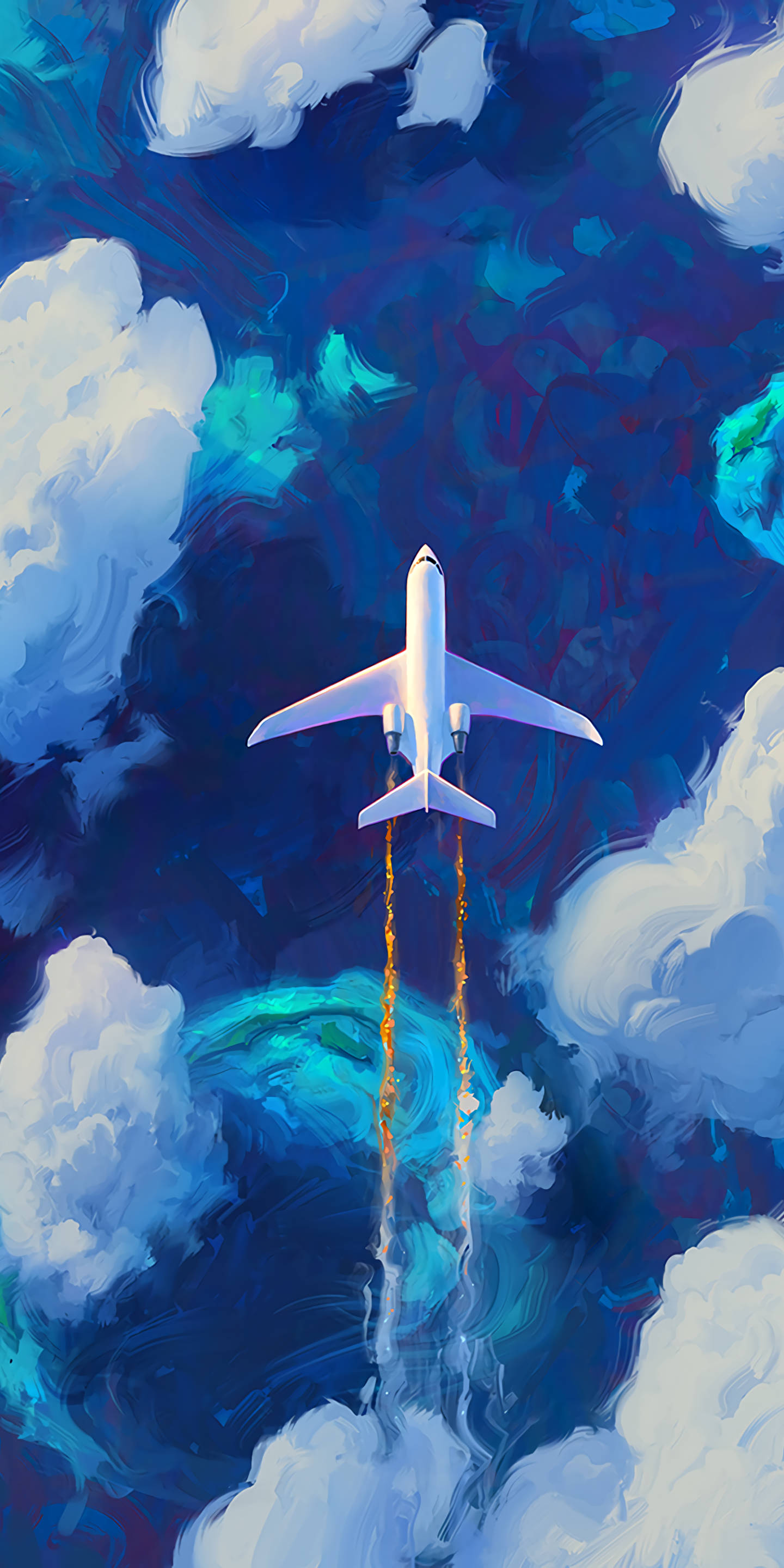 white airplane, soaring, swirling blue and teal clouds, 2K Phone Wallpaper