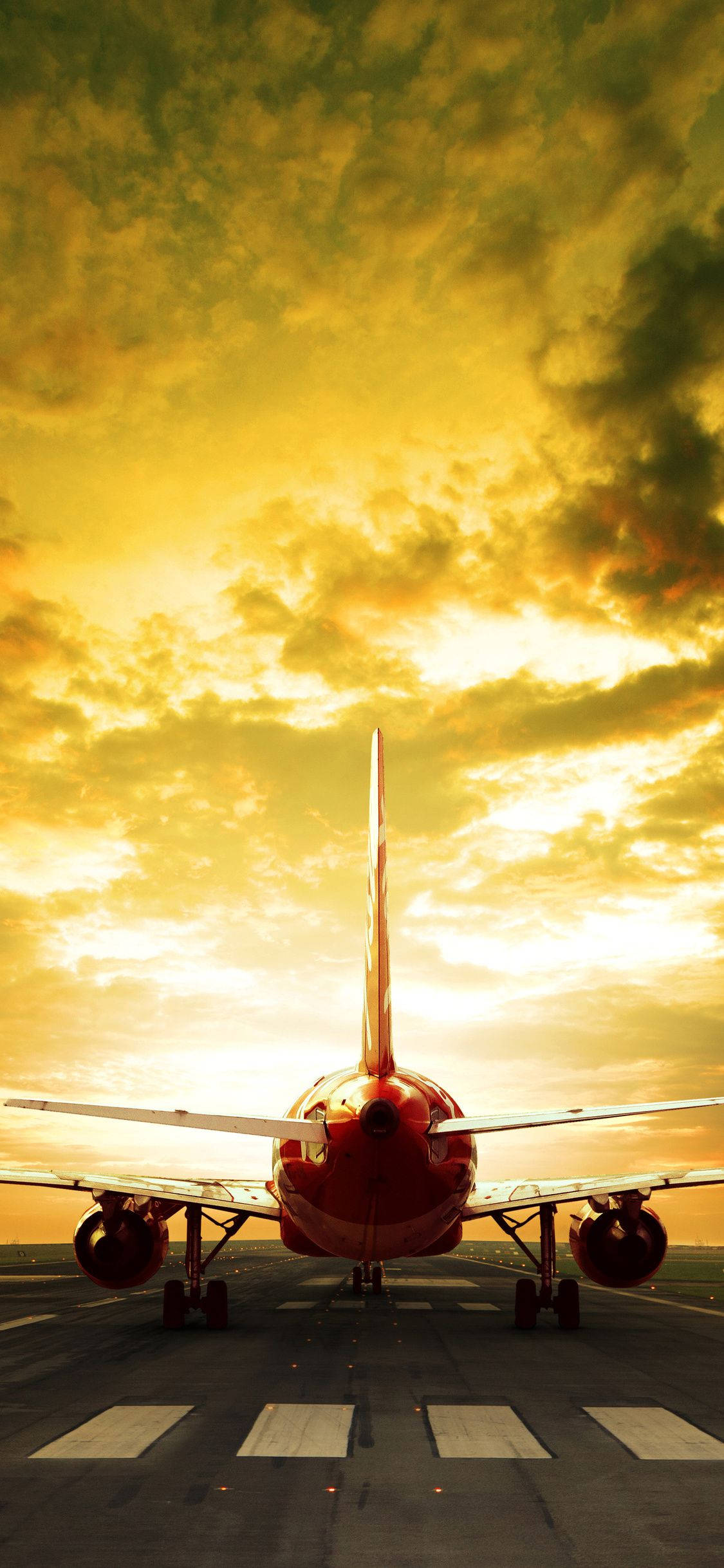 red airplane android, runway, golden sunset sky, Full HD Phone Wallpaper