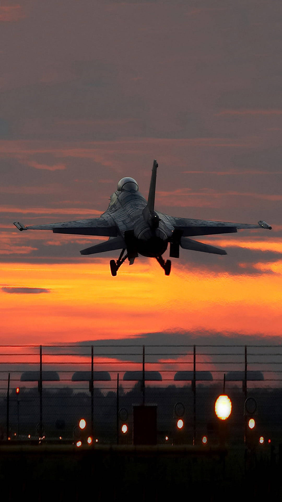 fighter jet, fiery sunset sky, runway lights, Full HD Phone Wallpaper