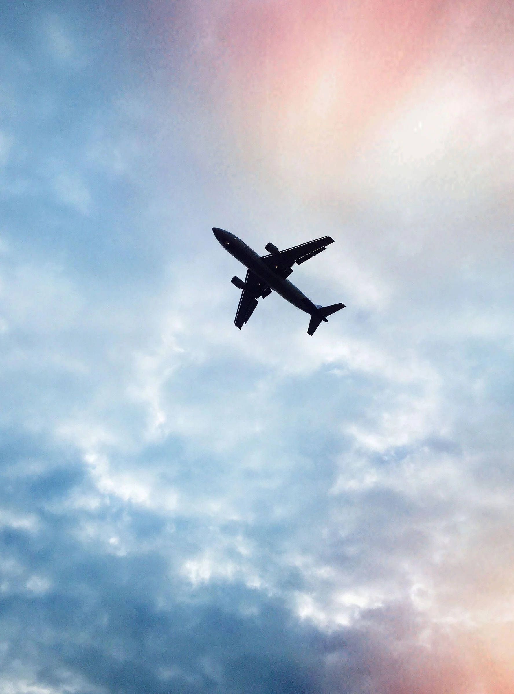 passenger jet, soft pink and blue clouds, sunset, Full HD Phone Wallpaper