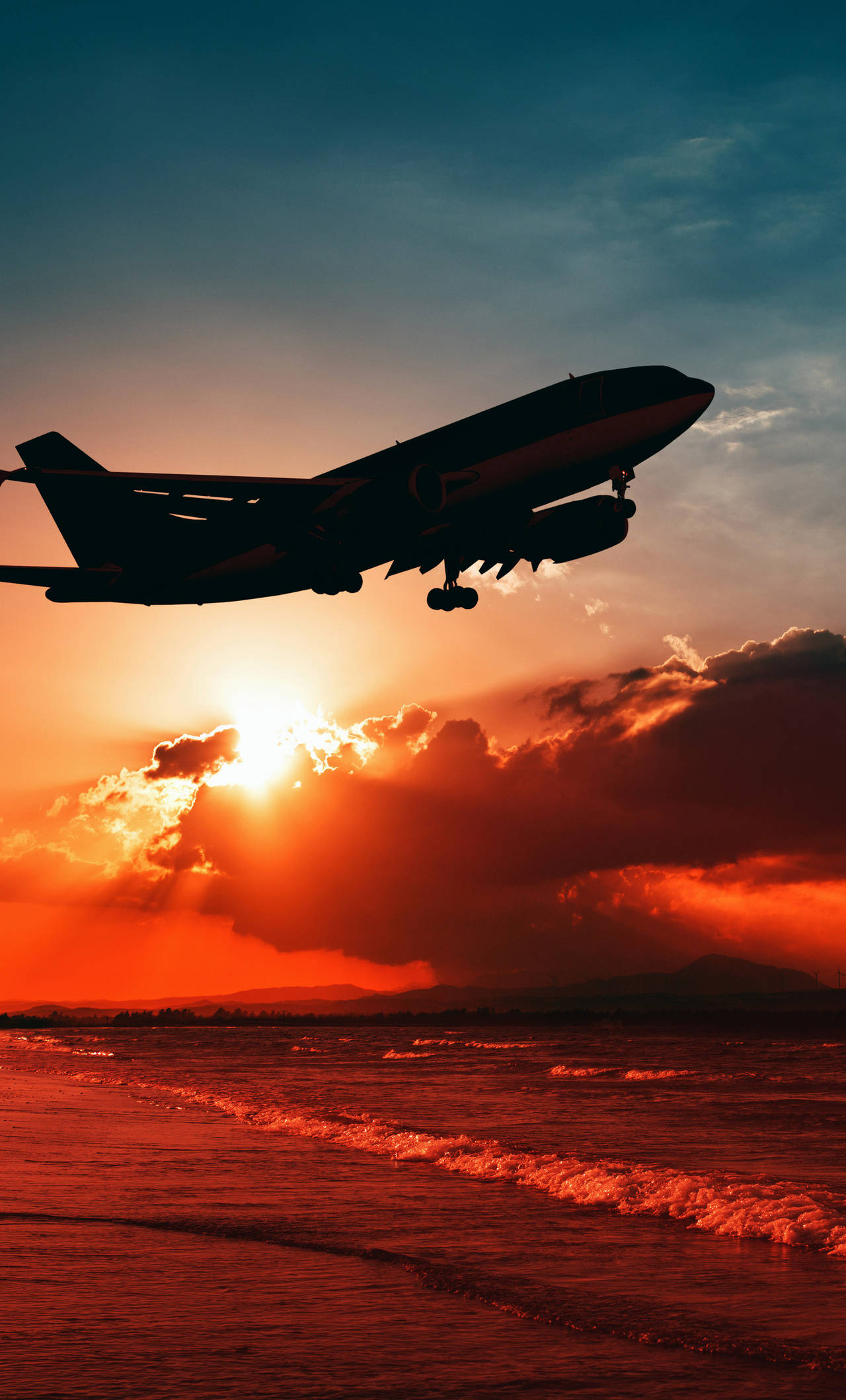 Golden Hour, beach, airplane, Full HD Phone Wallpaper