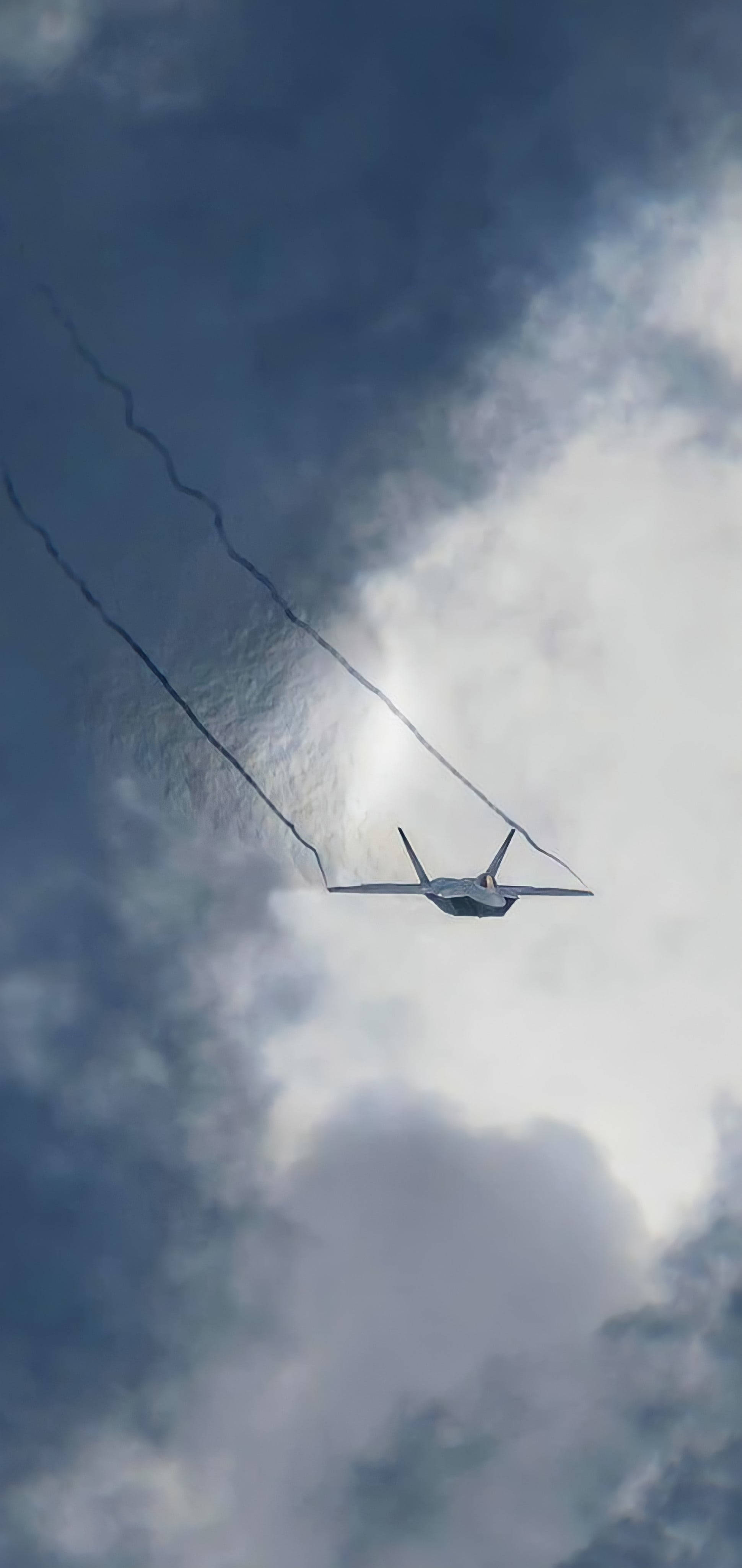 fighter jet, cloudy sky, dark smoke trails, 4K Phone Wallpaper