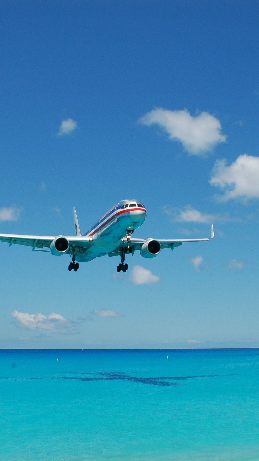 turquoise sea, flying airplane, commercial airplane, Full HD Phone Wallpaper