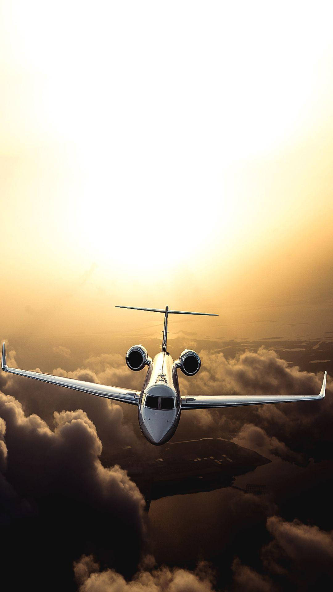 flying white jet, sleek private jet, golden clouds, Full HD Phone Wallpaper