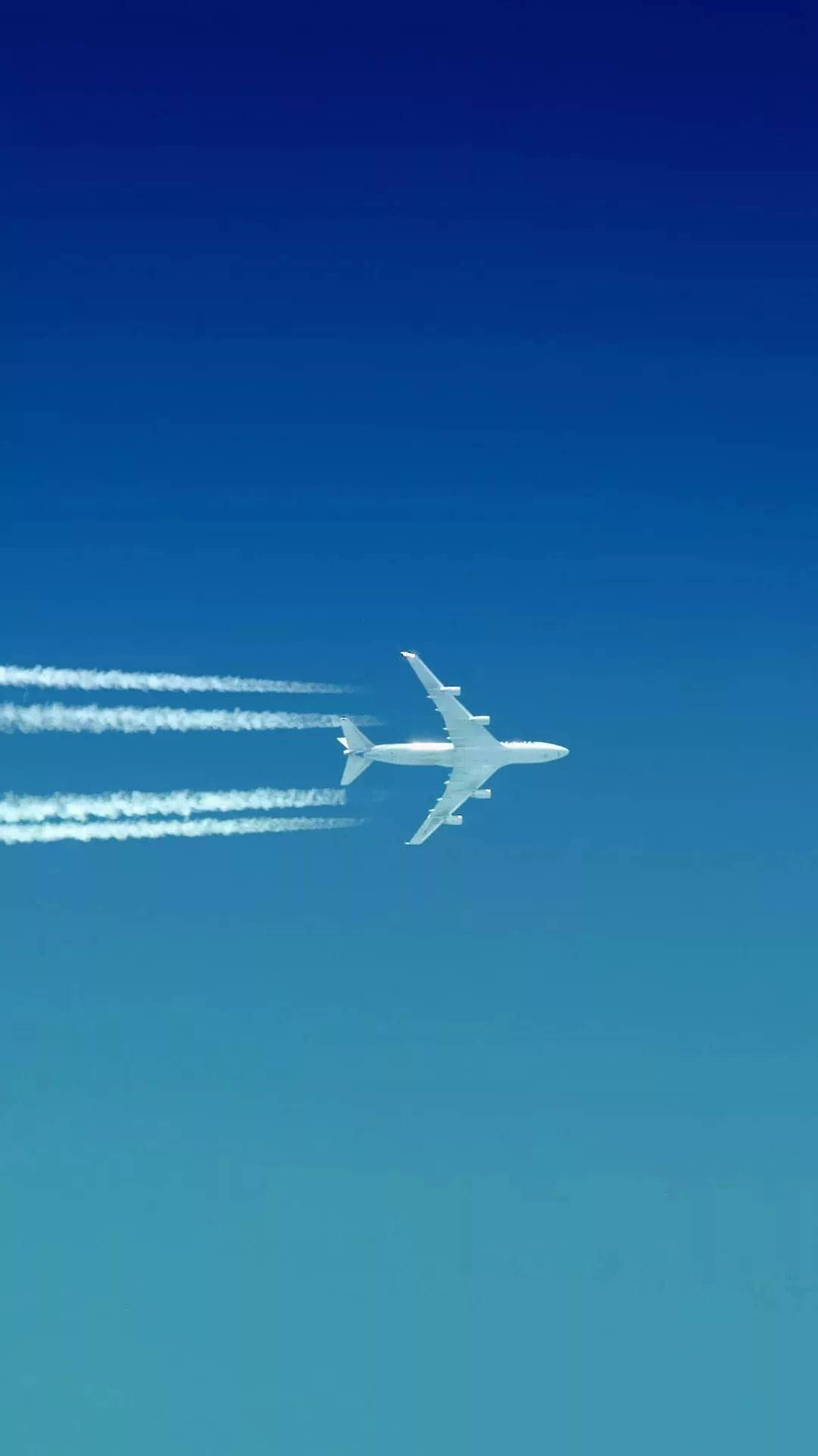 white passenger jet, gradient blue sky, contrails, Full HD Phone Wallpaper
