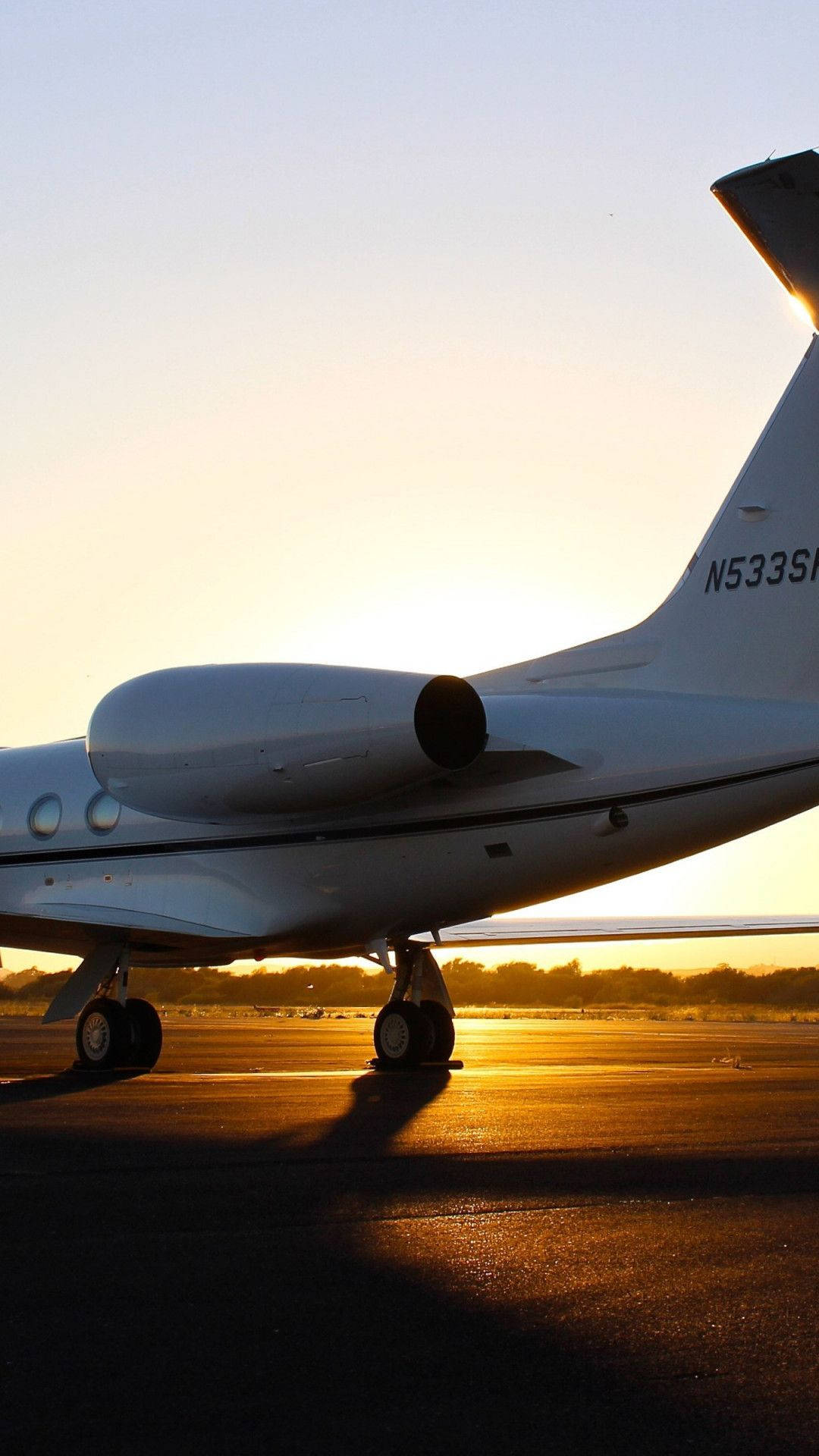white jet, runway, golden sunset, Full HD Phone Wallpaper