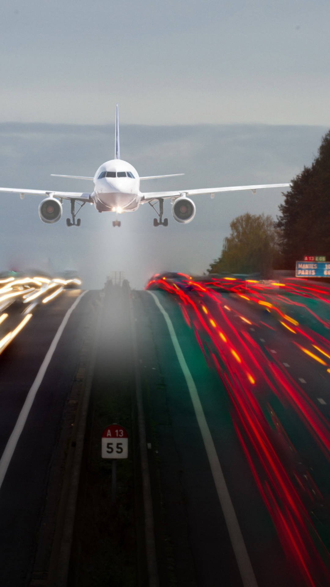 airplane, highway, red and white car lights, Full HD Phone Wallpaper