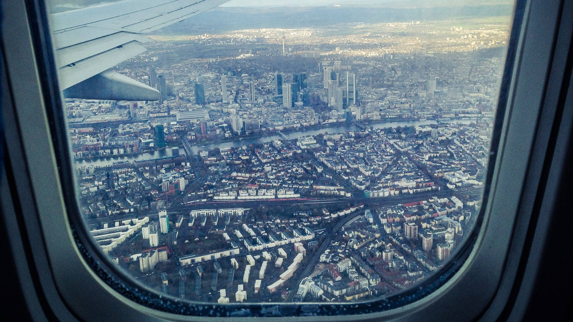 airplane window, cityscape, aerial view, Full HD Desktop Wallpaper