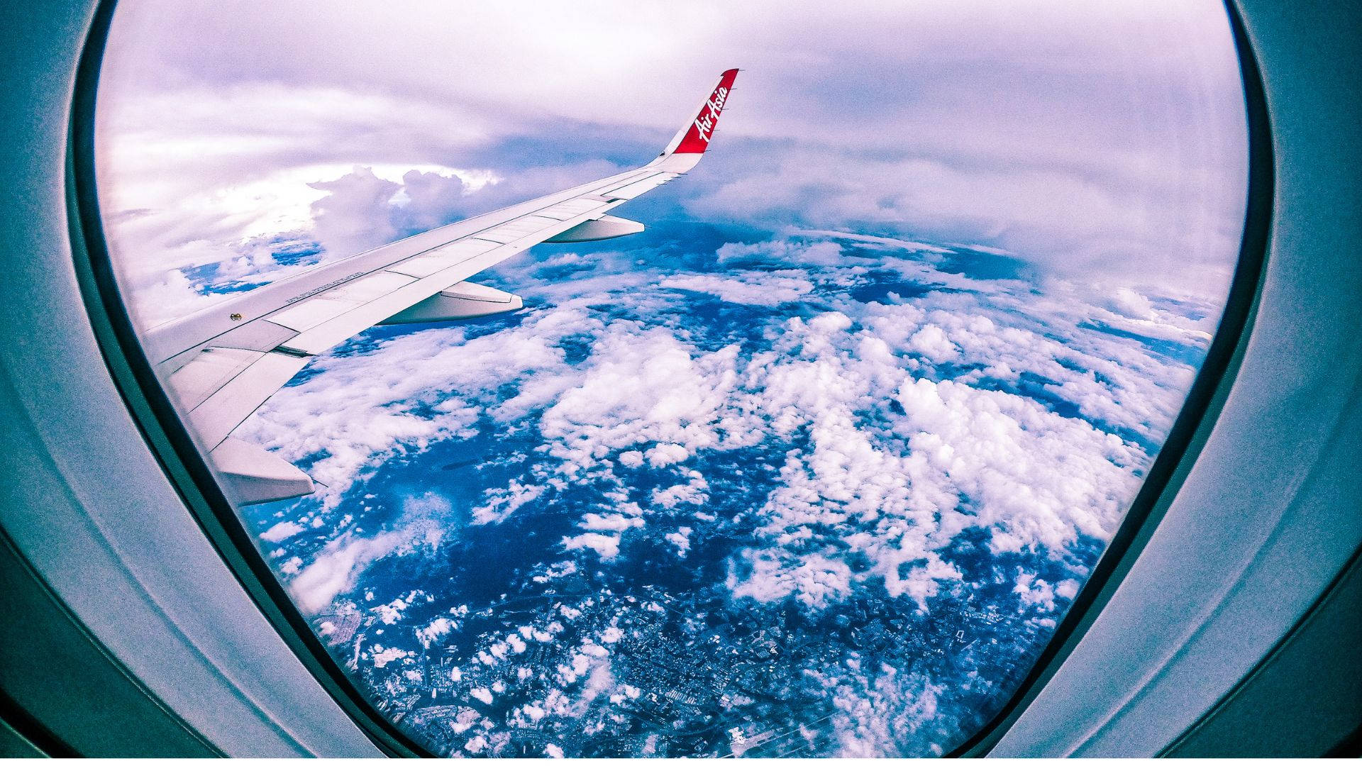 airplane window, fluffy white clouds, blue ocean, Full HD Desktop Wallpaper