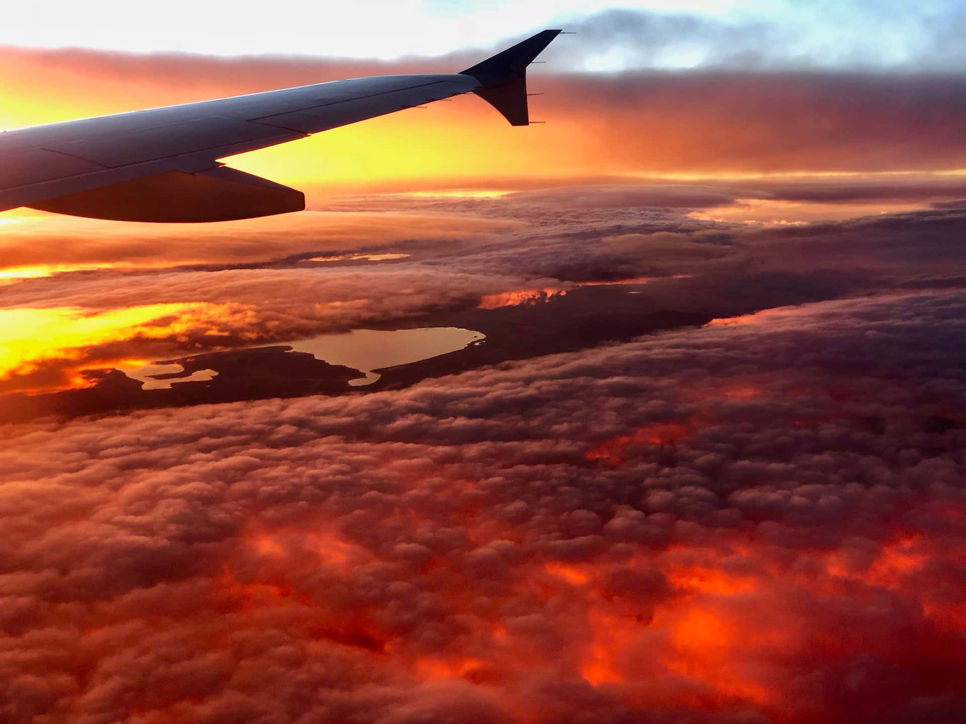 airplane window, fiery orange sunset, clouds, Full HD Desktop Wallpaper