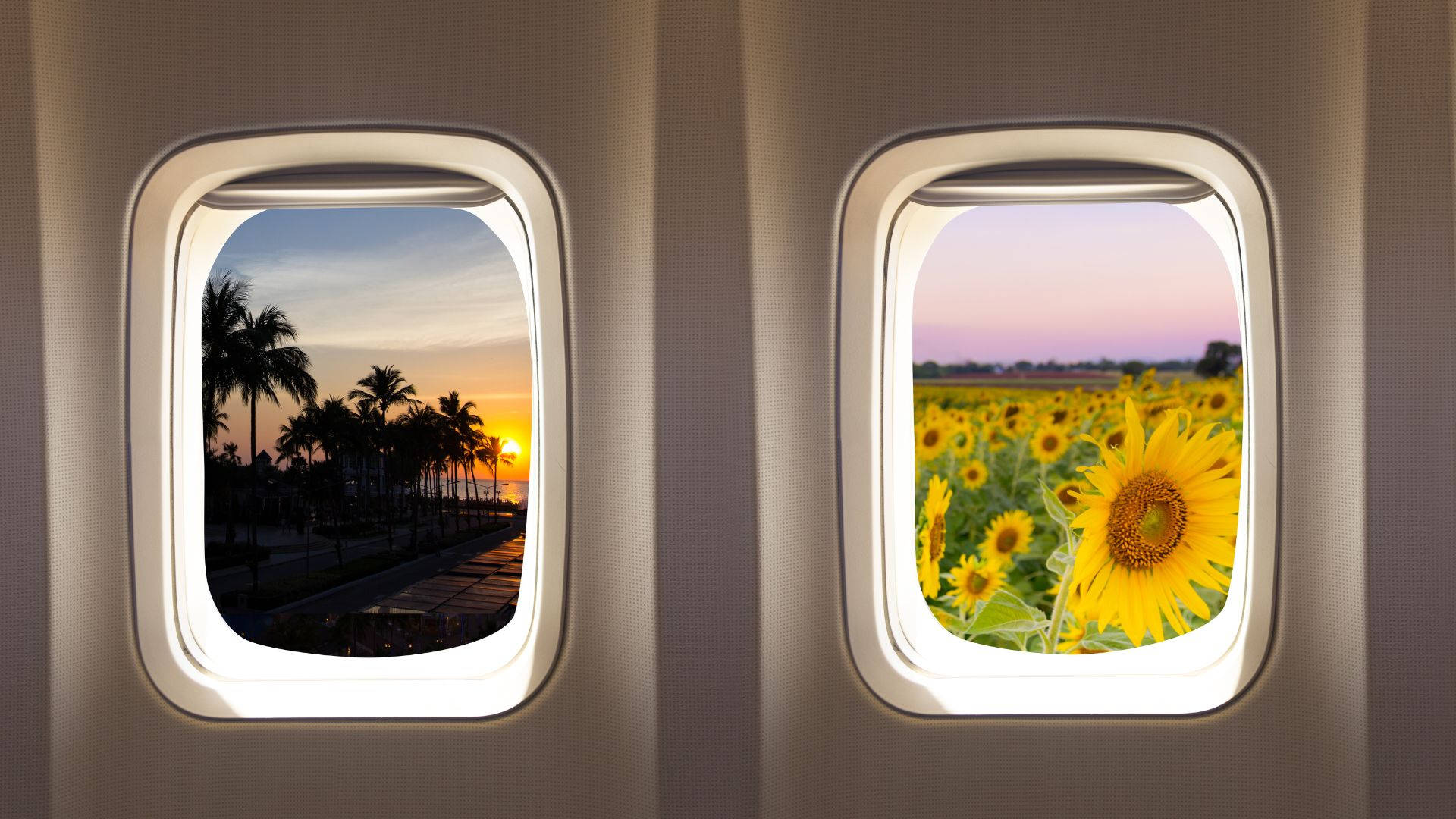Airplane Window, palm trees, sunset, Full HD Desktop Wallpaper