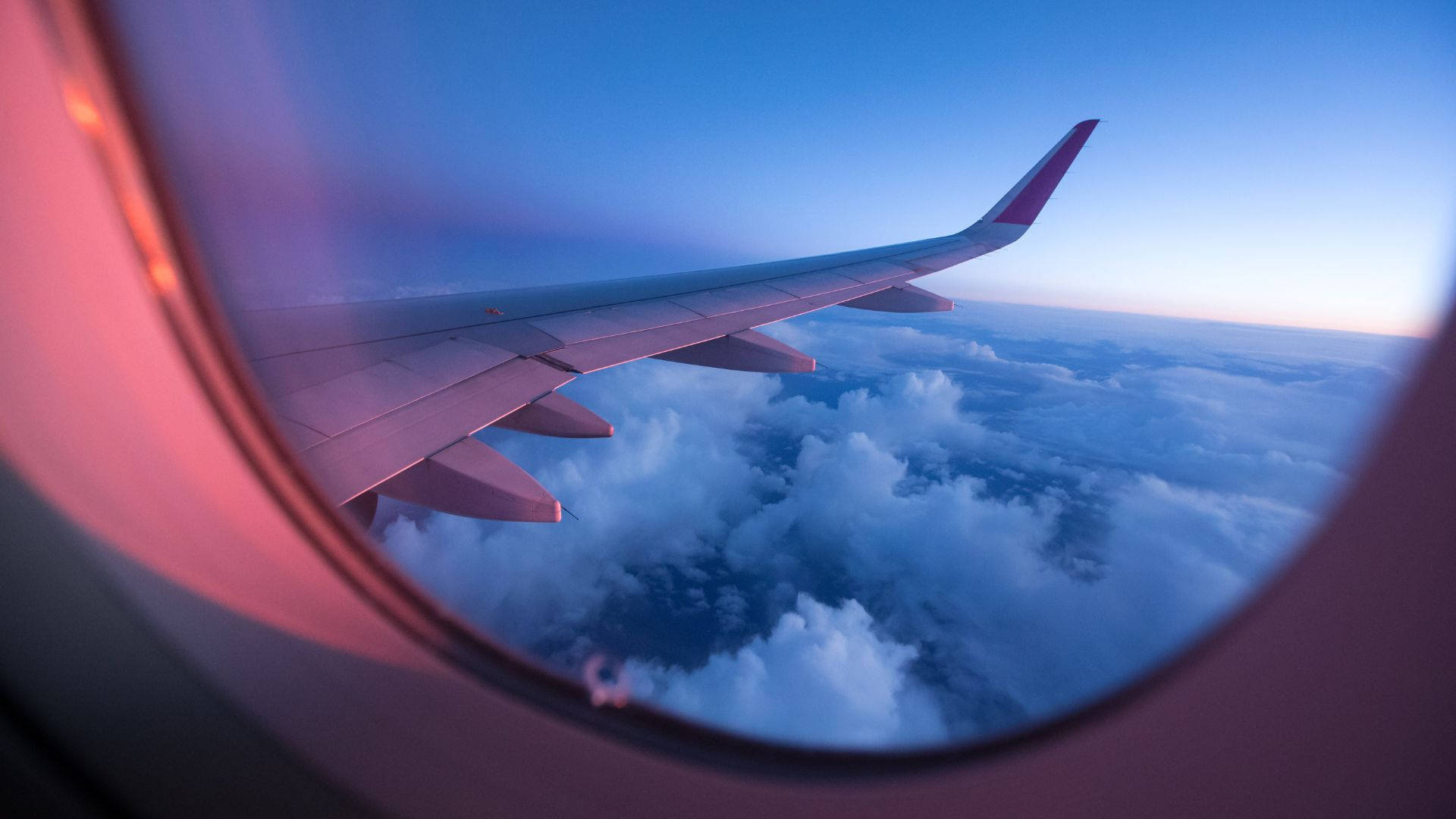 airplane window, twilight, pink and blue sky, Full HD Desktop Wallpaper