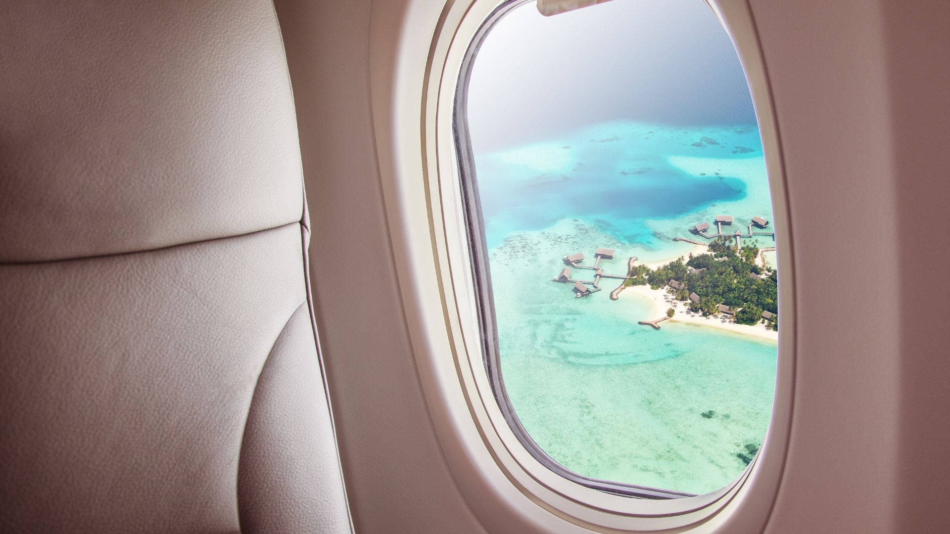 airplane window, turquoise lagoon, overwater bungalows, Full HD Desktop Wallpaper