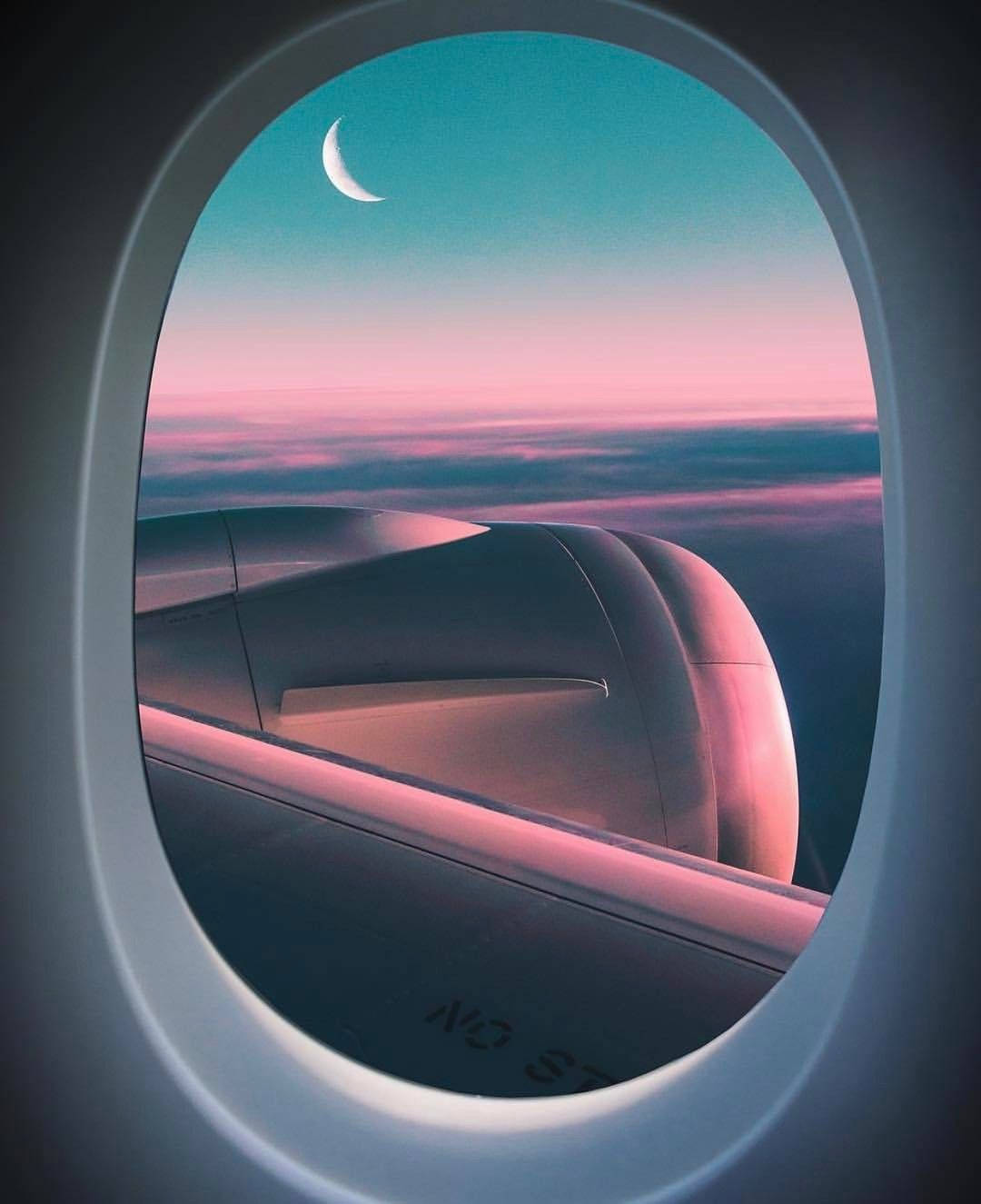 Airplane Window, crescent moon, pink clouds, HD Phone Wallpaper