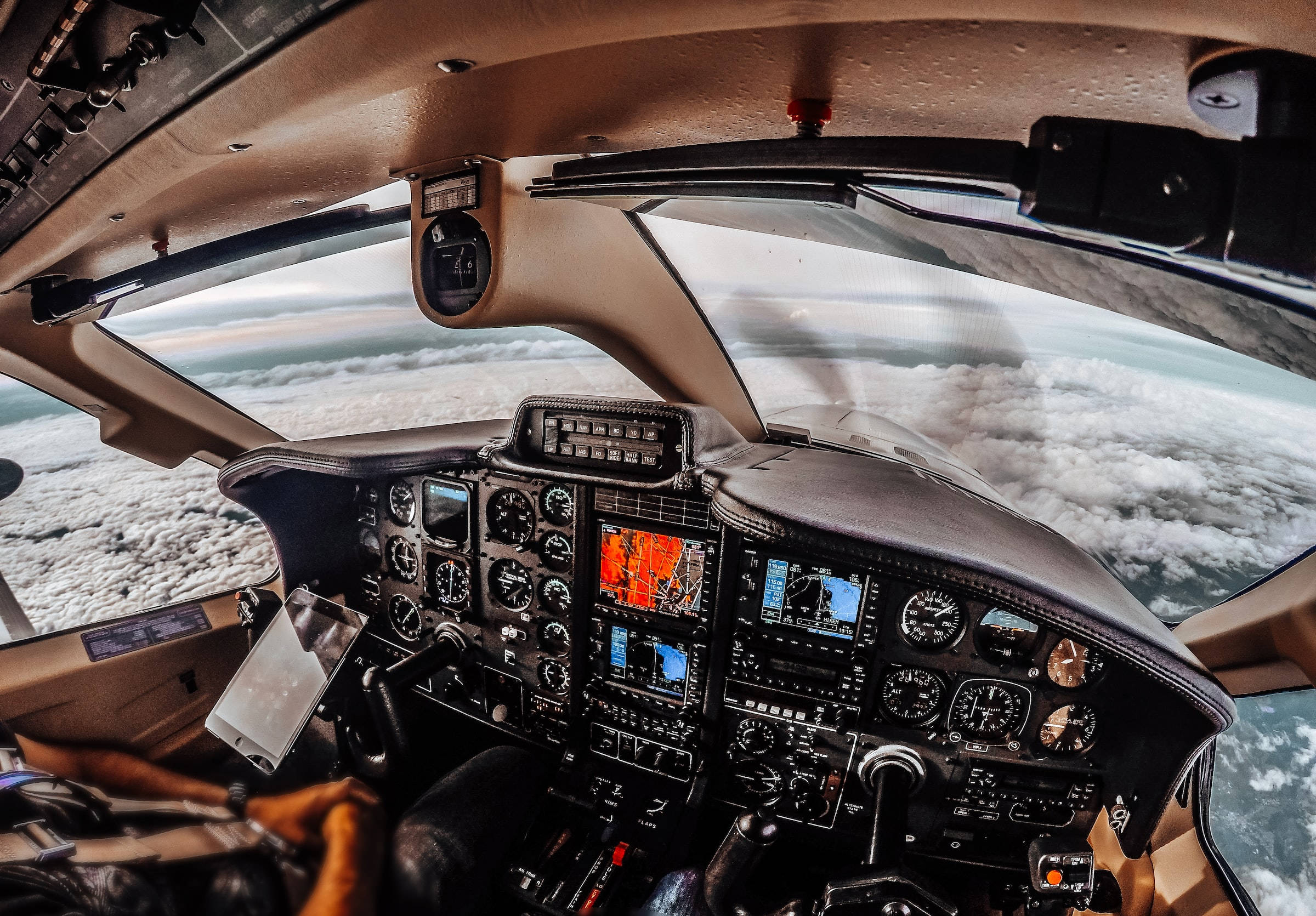 small airplane cockpit, endless white clouds, soft sky, Full HD Desktop Wallpaper