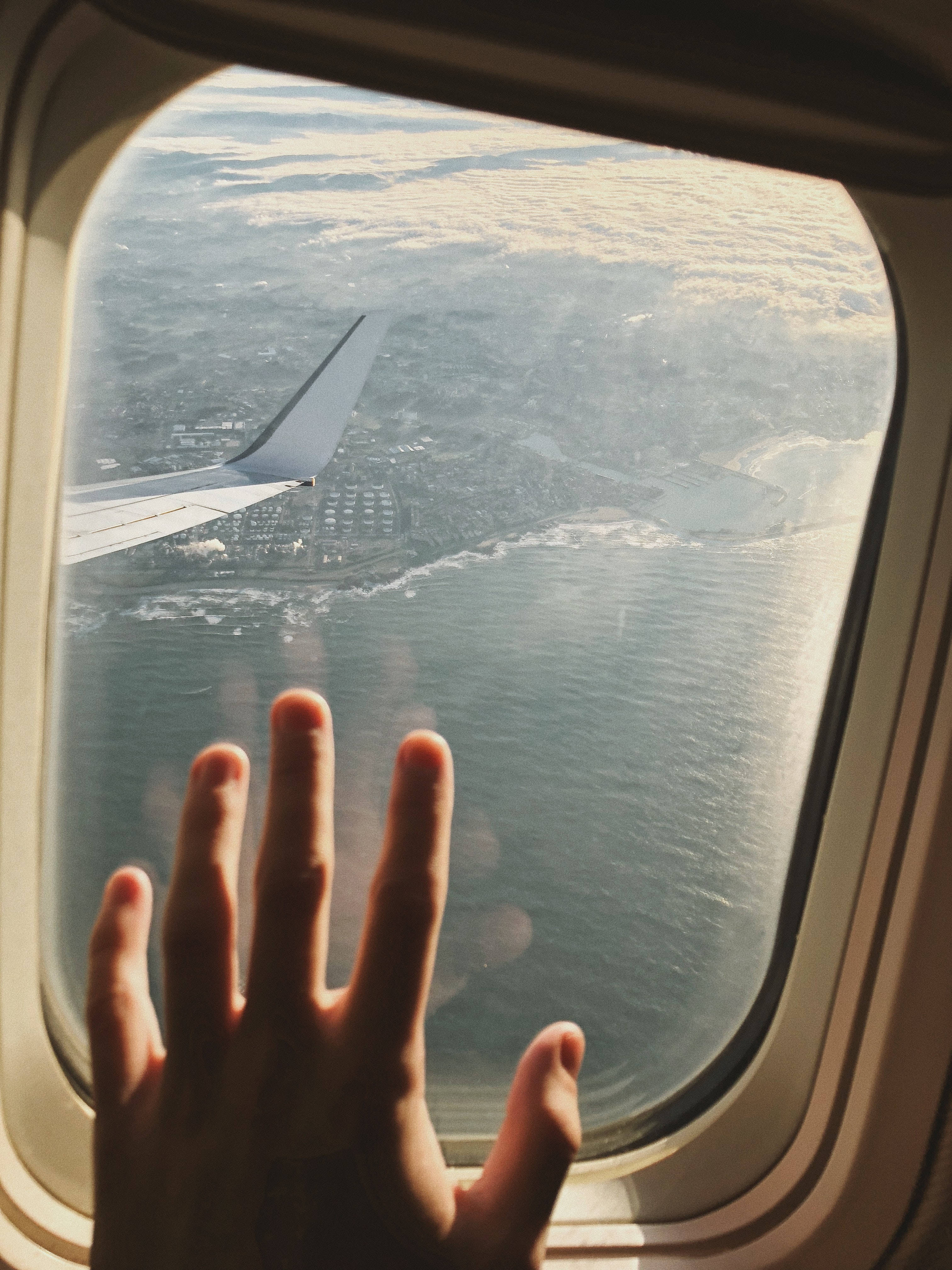 airplane window, wing, coastal landscape, 4K Phone Wallpaper