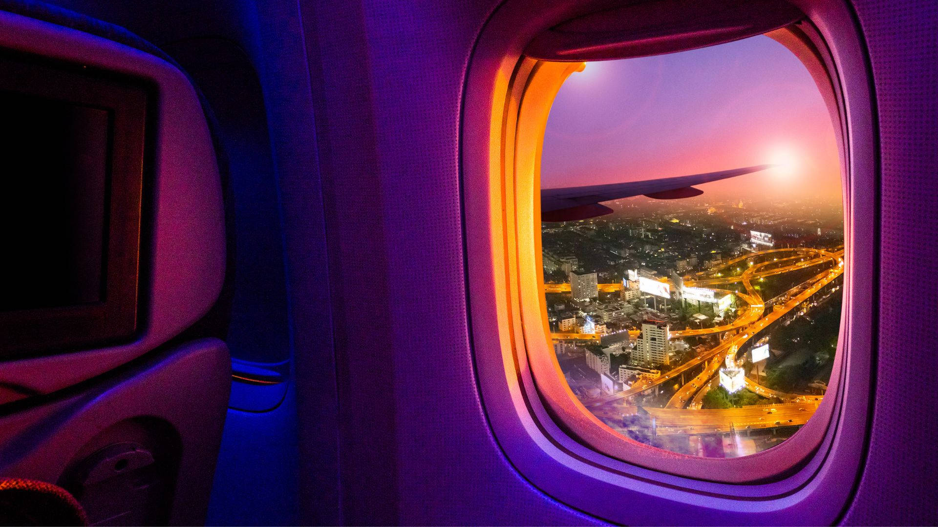 Airplane Window, sunset, city lights, Full HD Desktop Wallpaper