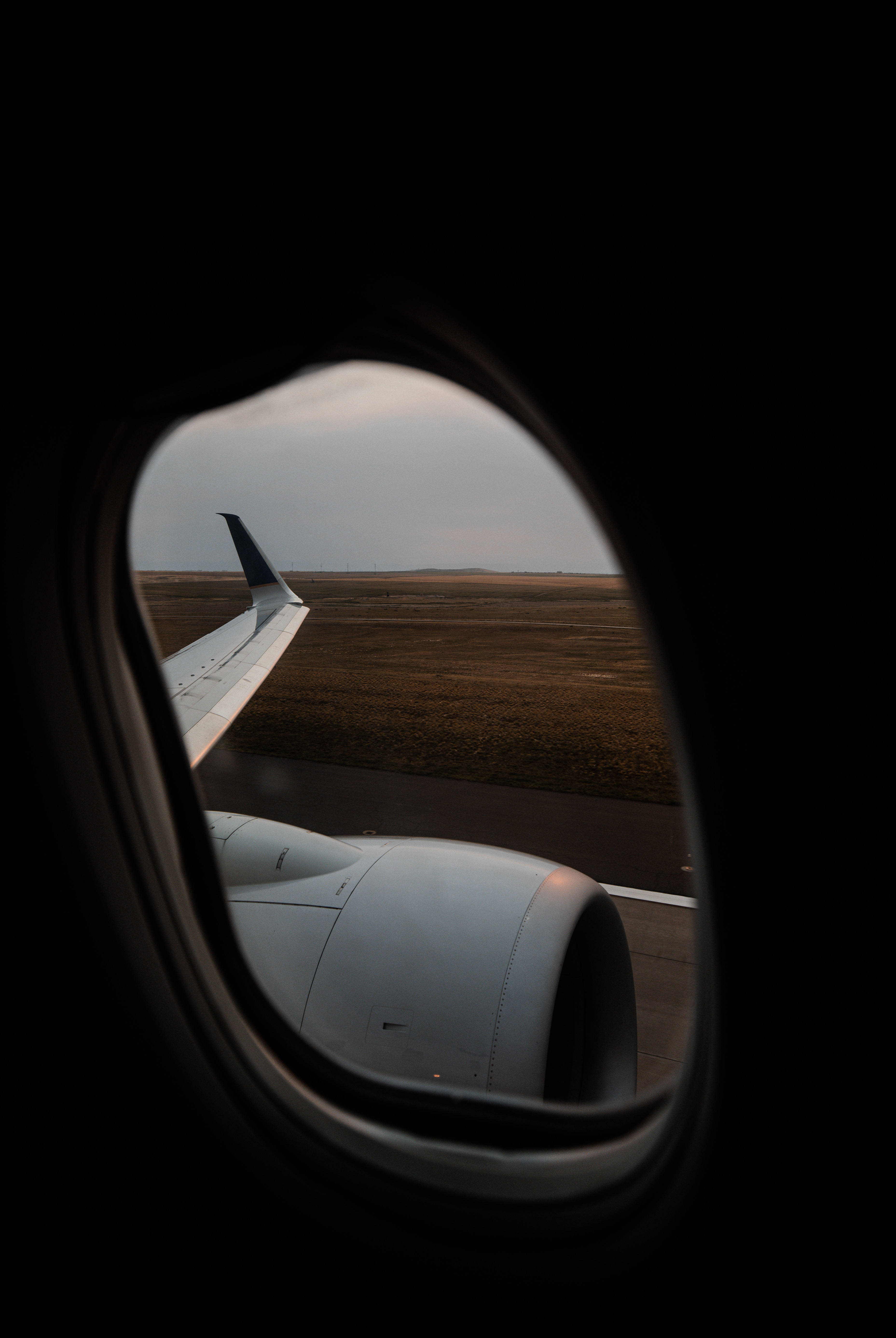 plane window seat, wing engine, runway, 5K Phone Wallpaper