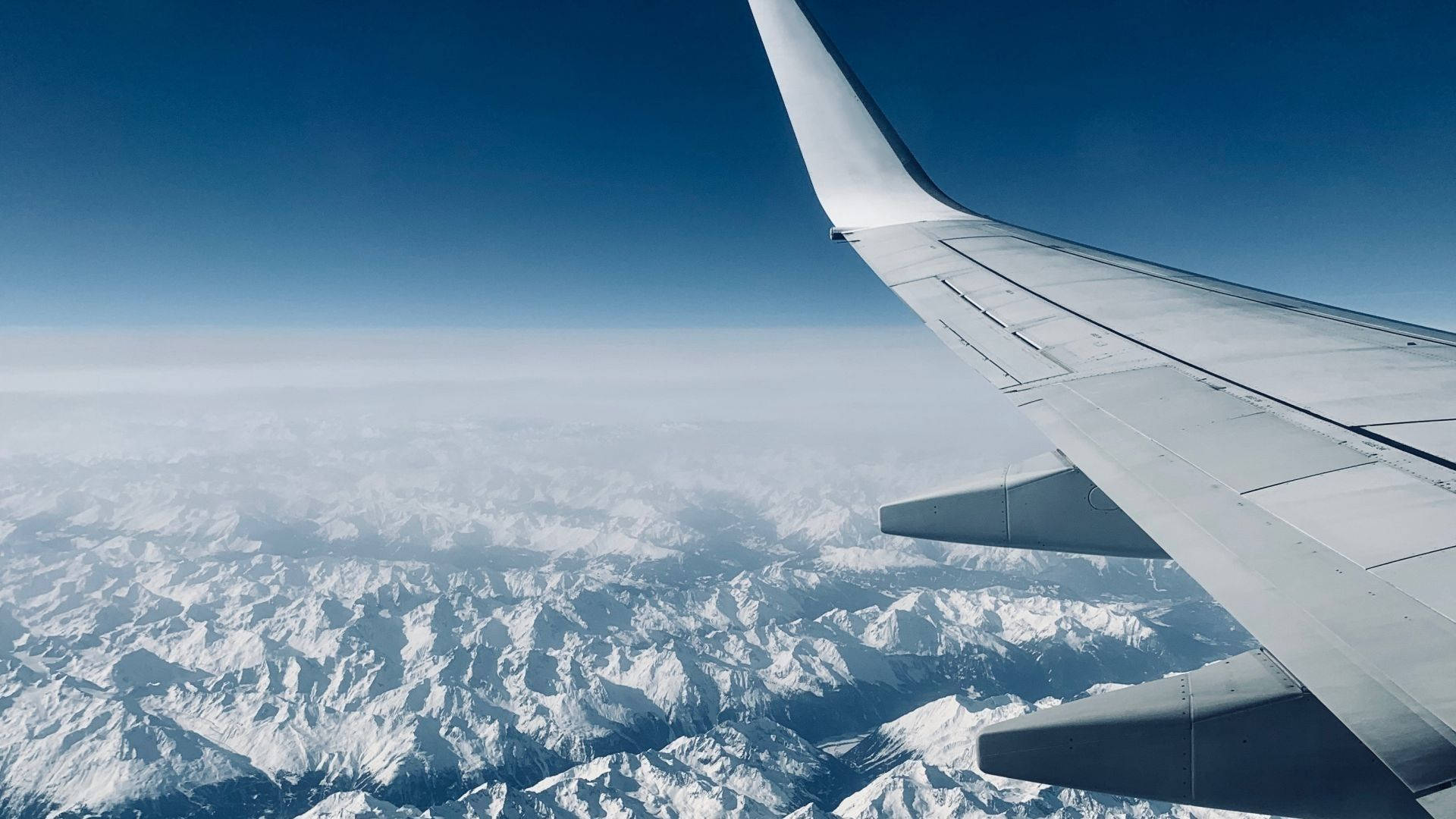 aircraft wing, snowcapped mountains, clear blue sky, Full HD Desktop Wallpaper