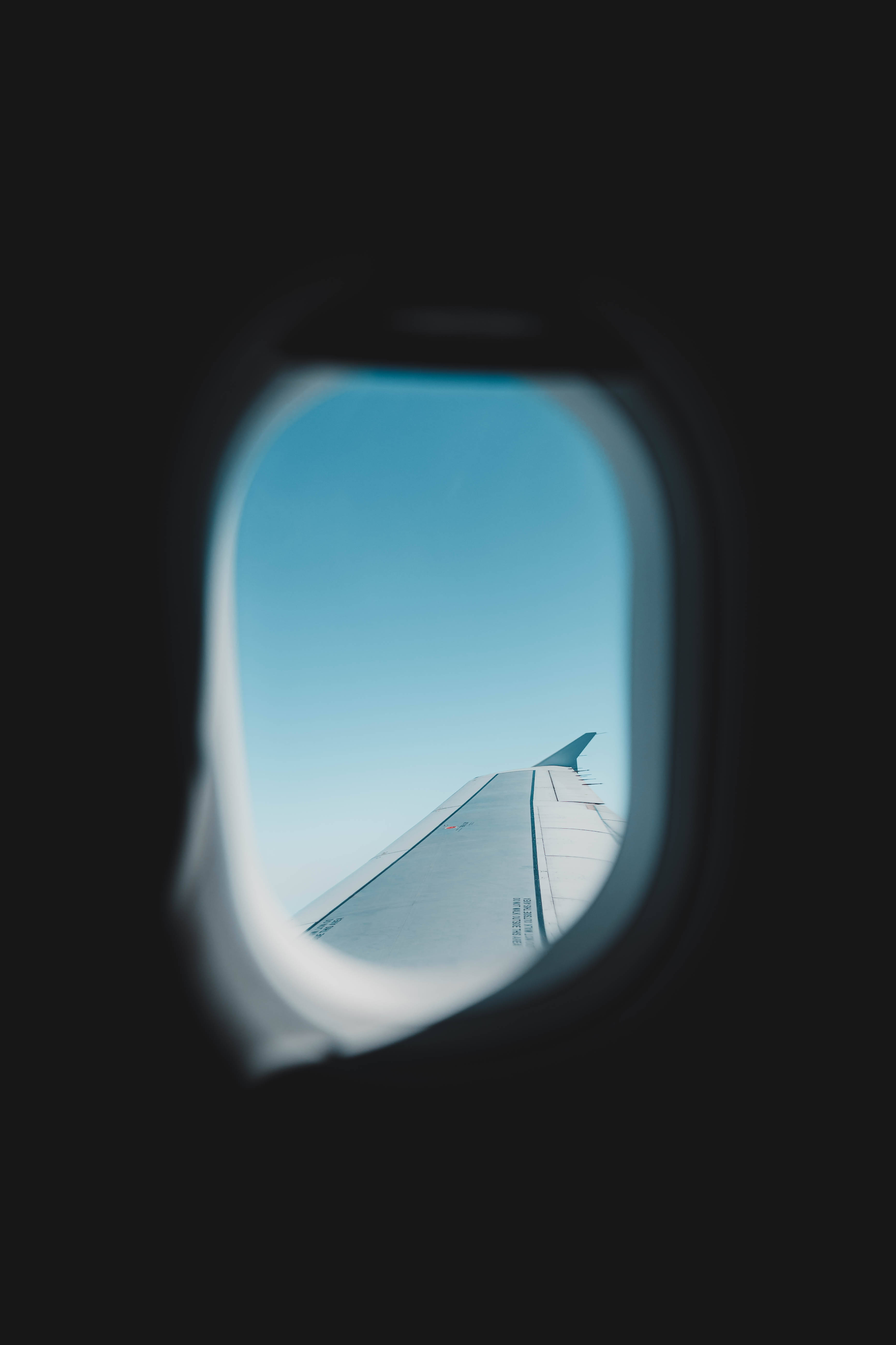 airplane window seat, aircraft wing, clear blue sky, 5K Phone Wallpaper