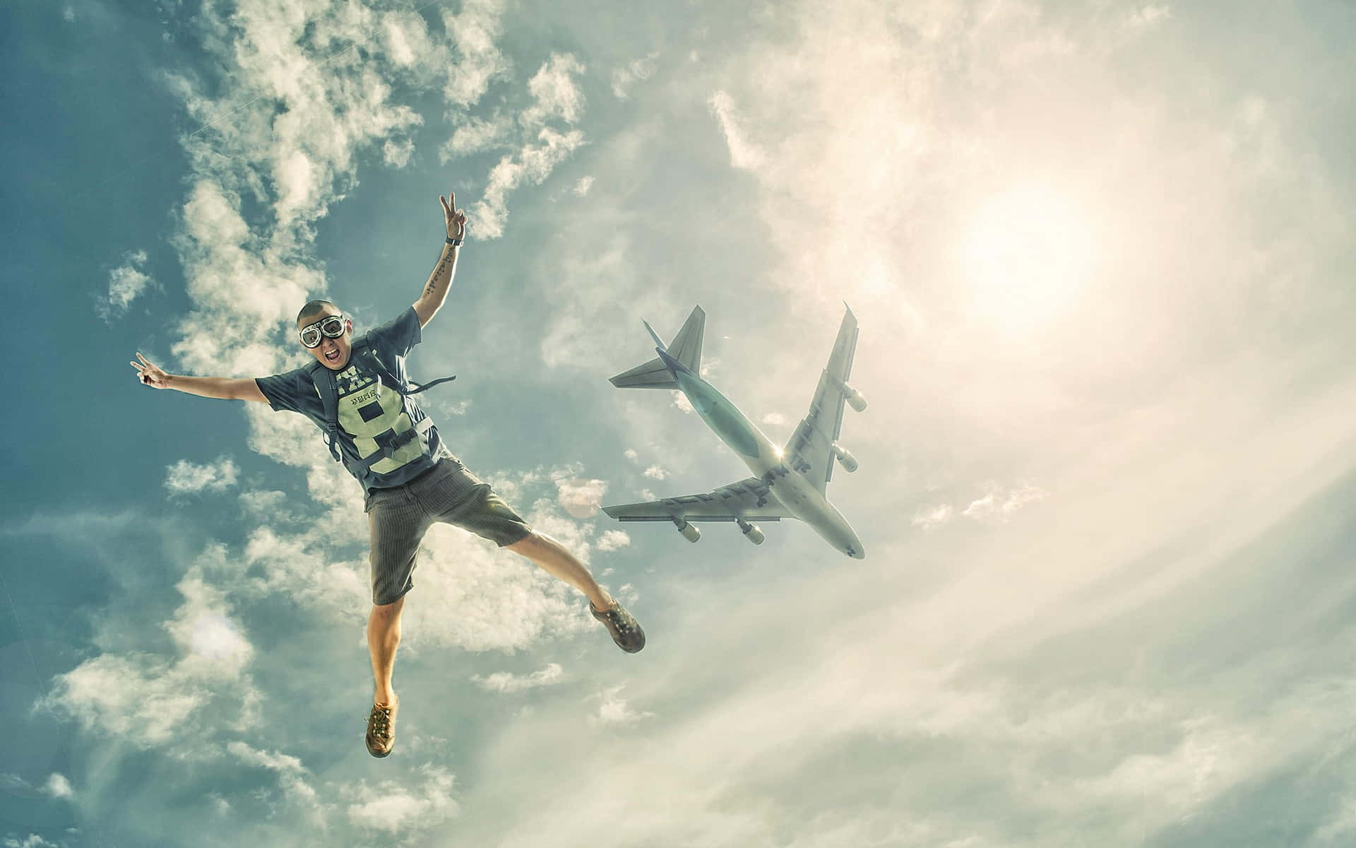 eagle spread, freefall skydiving, airplane, Full HD Desktop Wallpaper