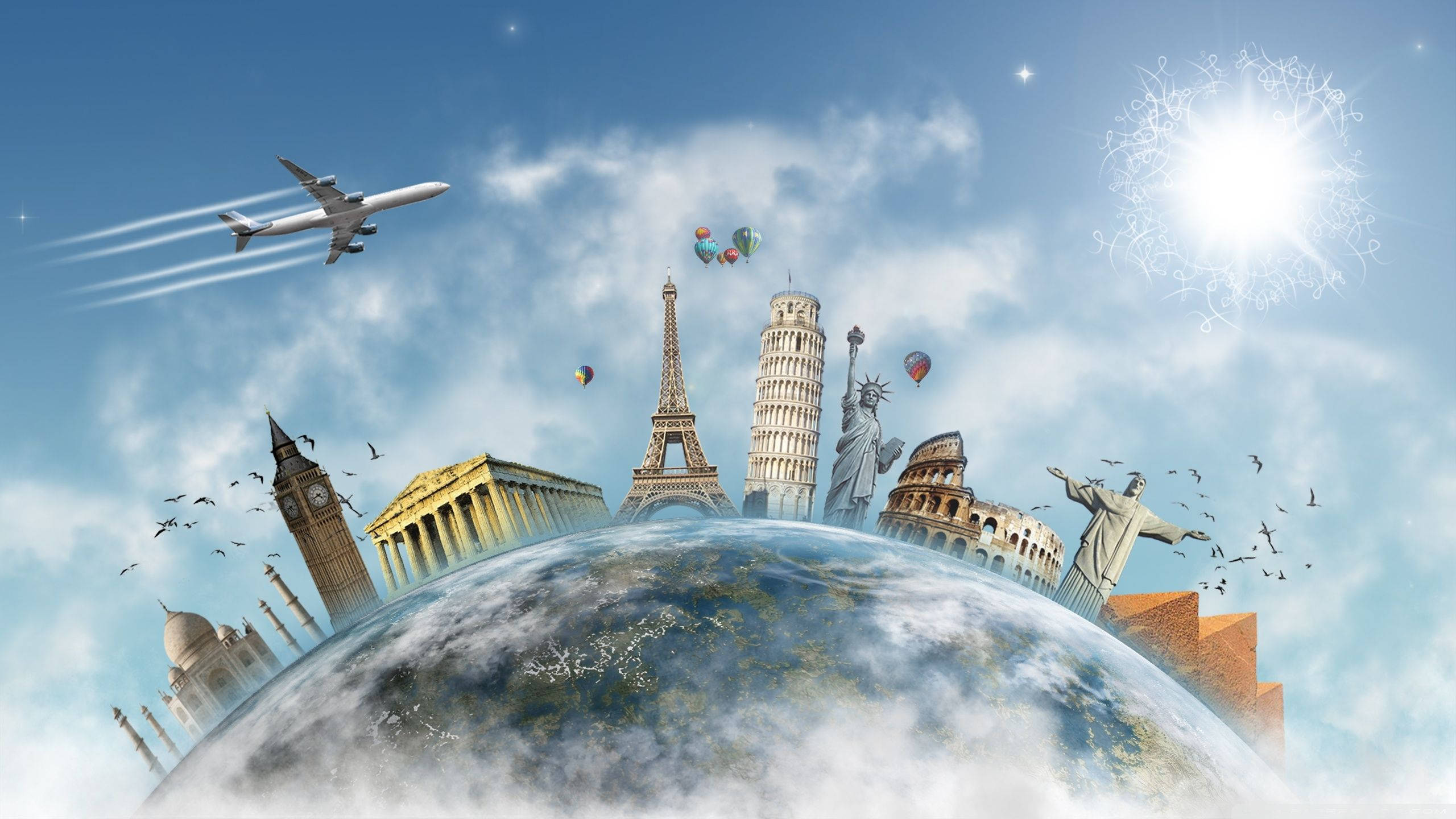 Travel HD, globe, iconic global landmarks, 2K Desktop Wallpaper