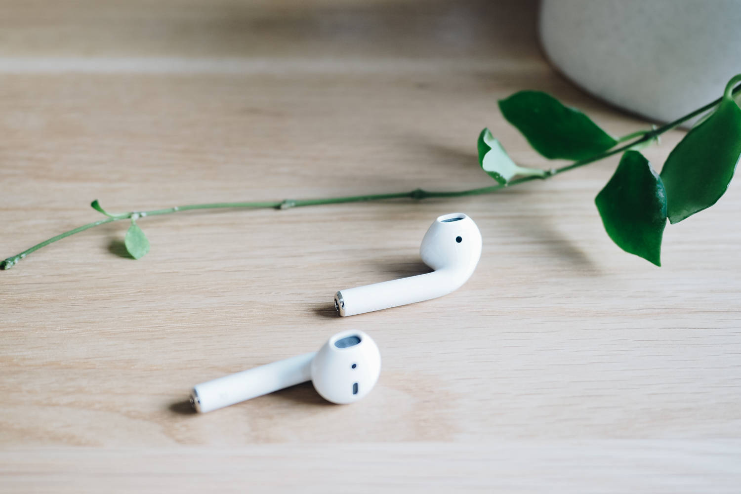 AirPods, white, light wood surface, HD Desktop Wallpaper