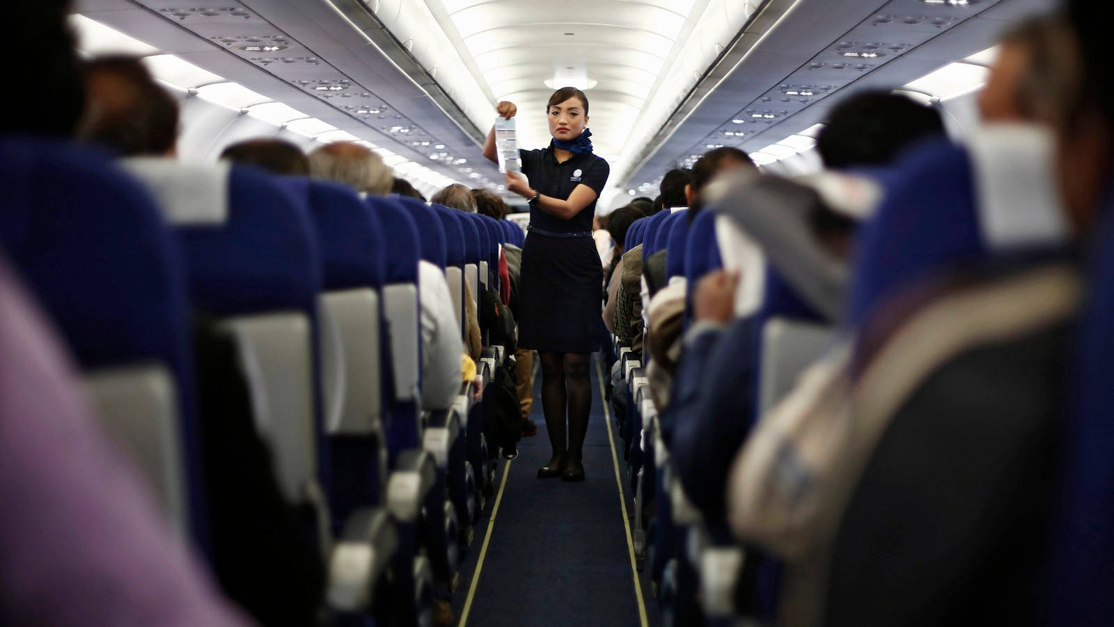flight attendant, commercial airplane, blue rows, HD Desktop Wallpaper