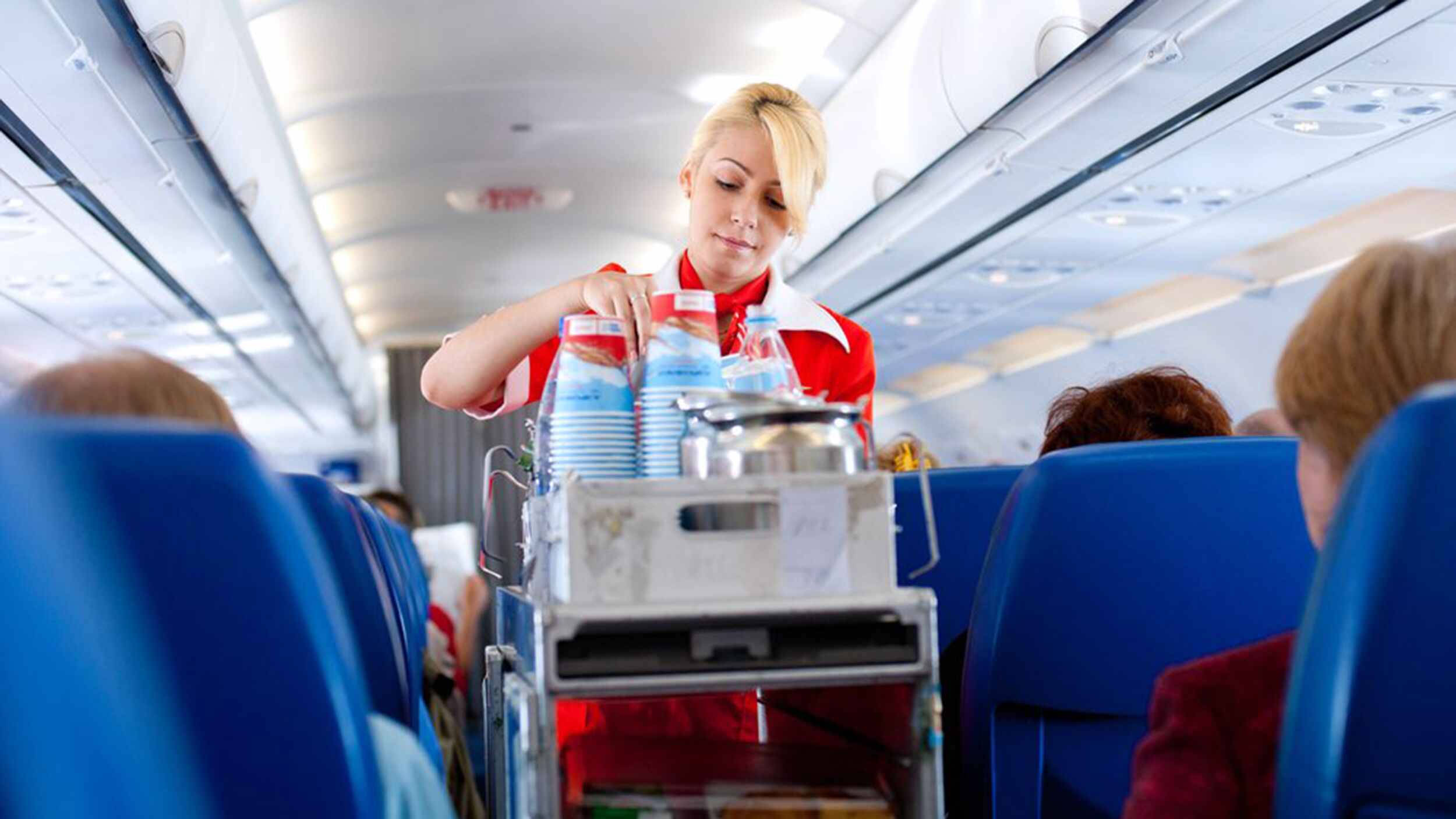 flight attendant, red uniform, airplane cabin, Full HD Desktop Wallpaper