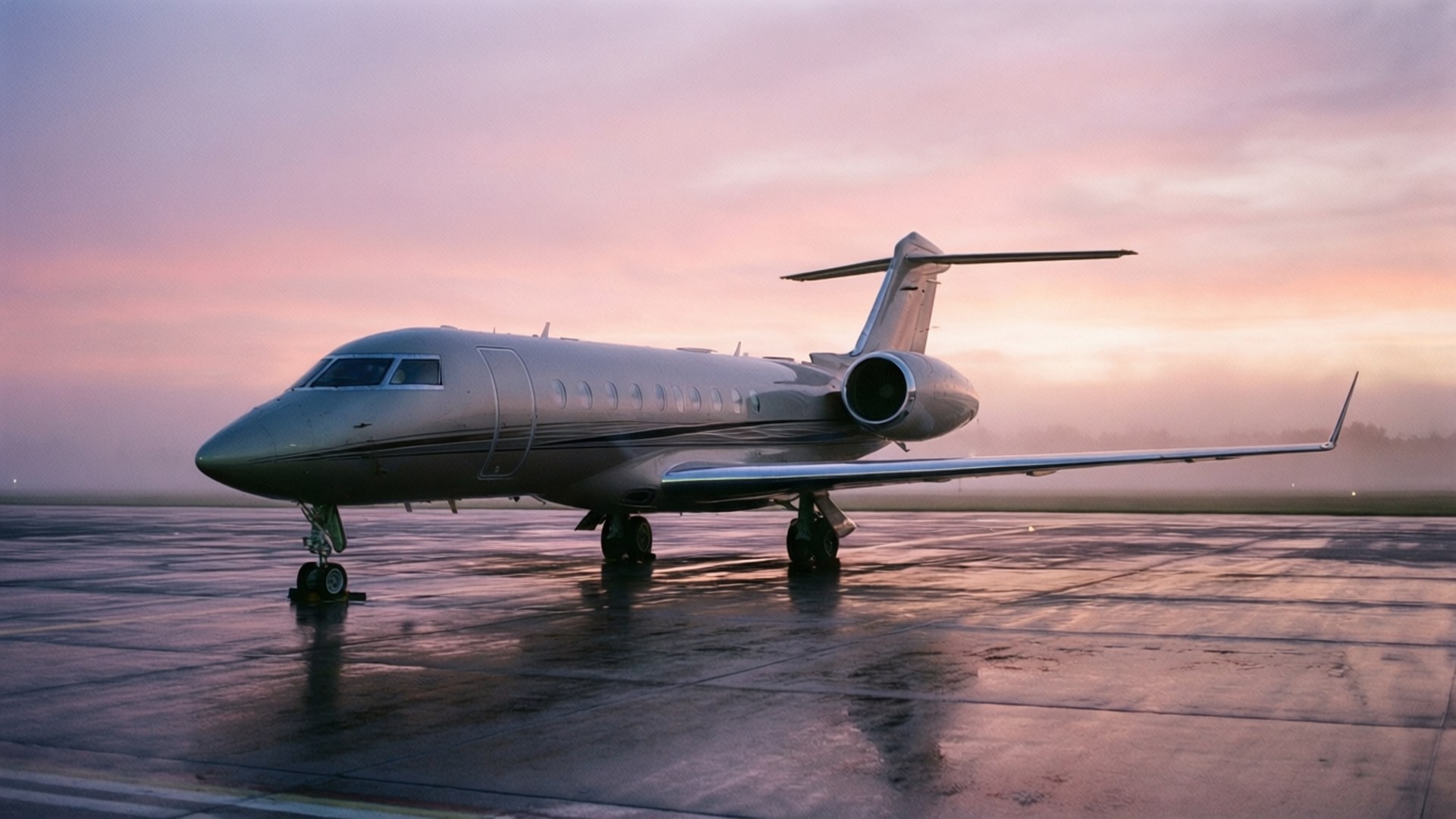 dawn private jet, silver, wet tarmac, Full HD Desktop Wallpaper