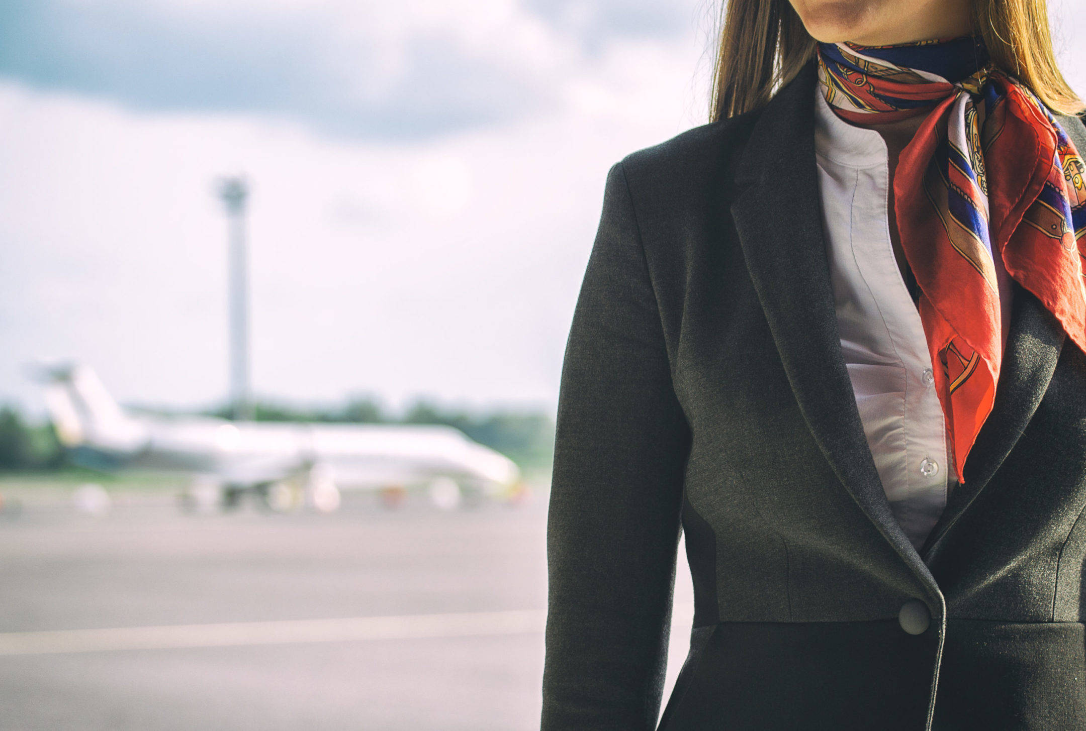 flight attendant, dark blazer, colorful scarf, Full HD Desktop Wallpaper