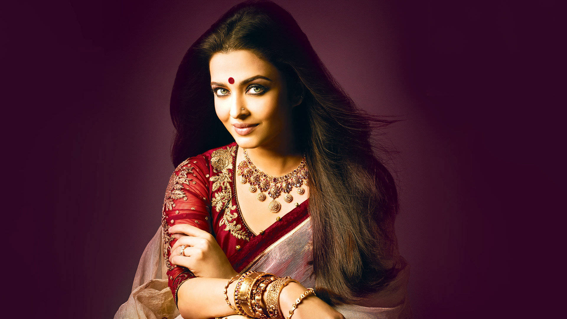 Aishwarya Rai, red embroidered sari, gold jewelry, Full HD Desktop Wallpaper