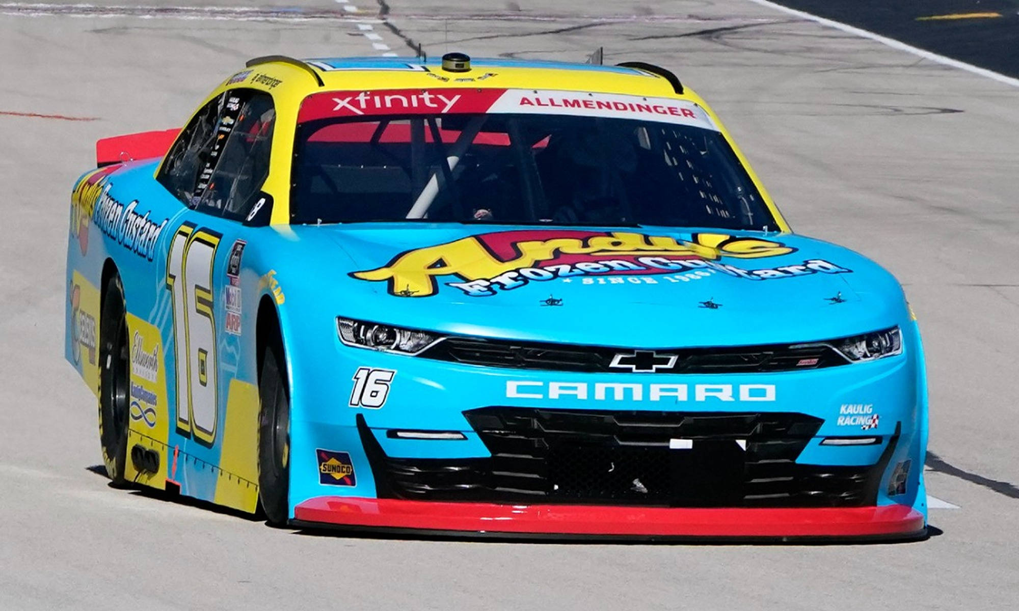AJ Allmendinger, blue and yellow, #16 Chevrolet Camaro, Full HD Desktop Wallpaper